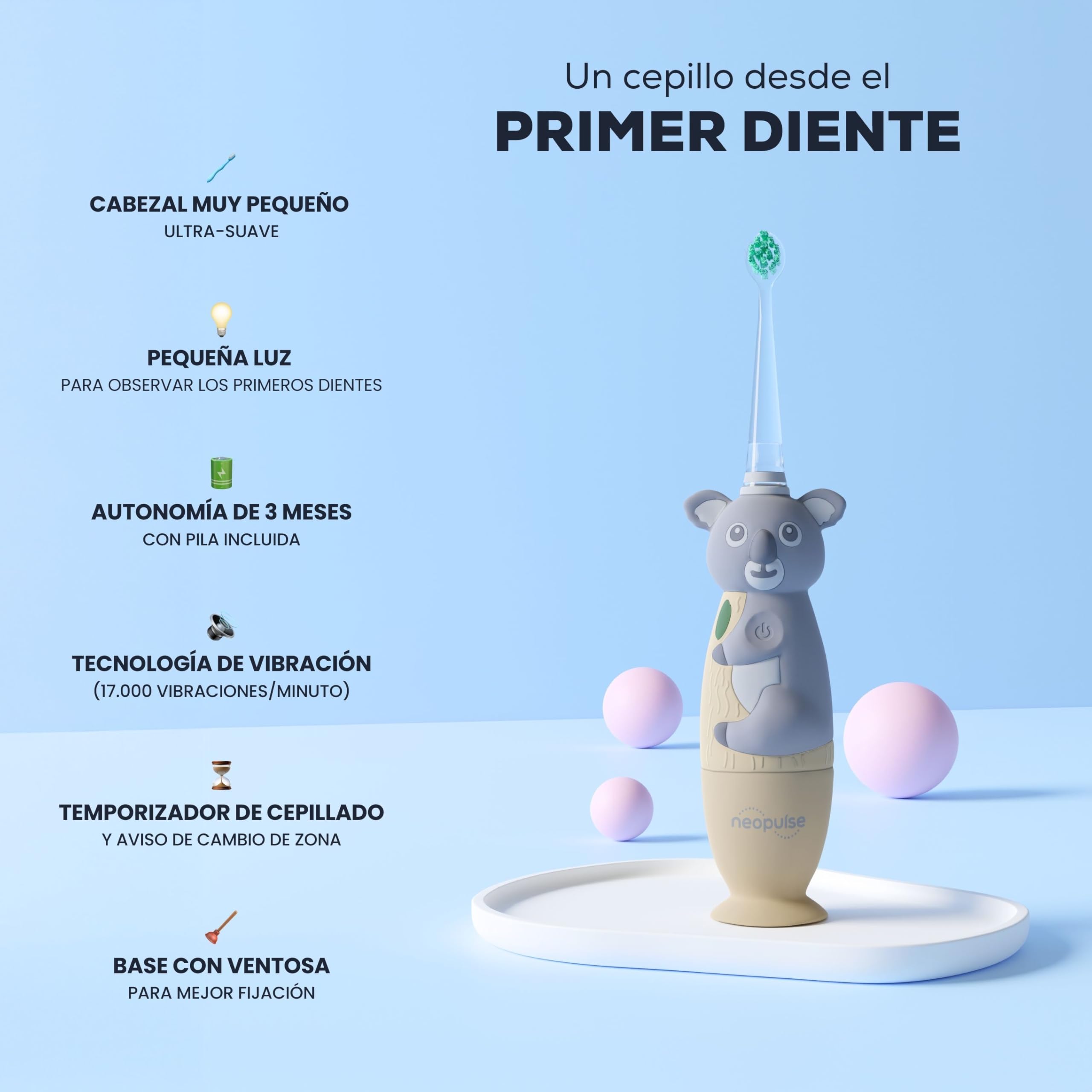 NEOPULSE NEOBABY - Cepillo de dientes eléctrico de vibración o manual para bebé desde el primer diente + cabezal de cepillo ultra suave - inspirado en tecnología sónica - cabeza luminosa -