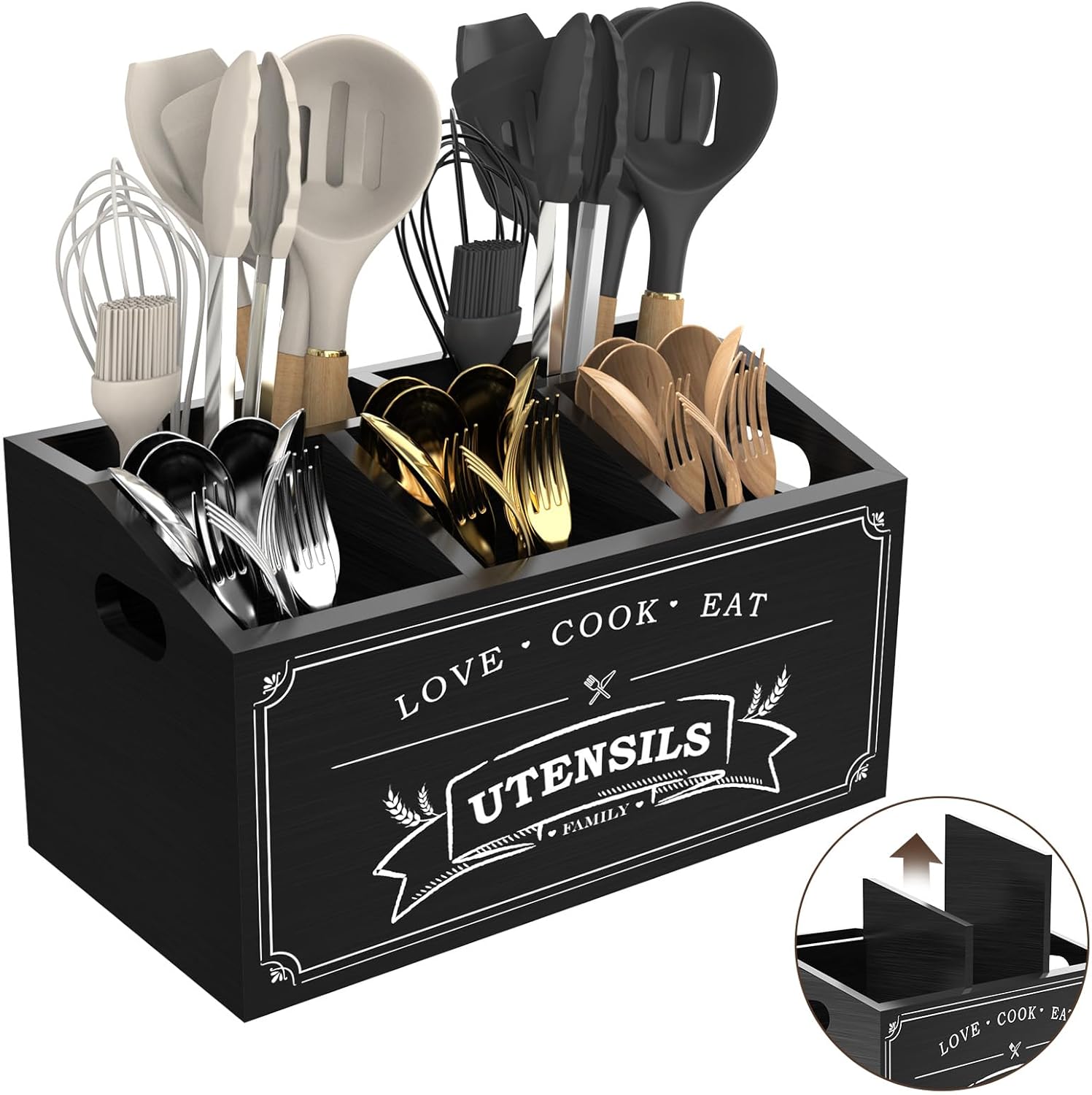 COAZEX Large Kitchen Utensil Holder with 5 Compartments, Wooden Cooking Utensil Holder for Countertop or Wall Mount, Rustic Farmhouse Utensil Caddy for Silverware, Forks, Spoons, and Spatulas (Black)