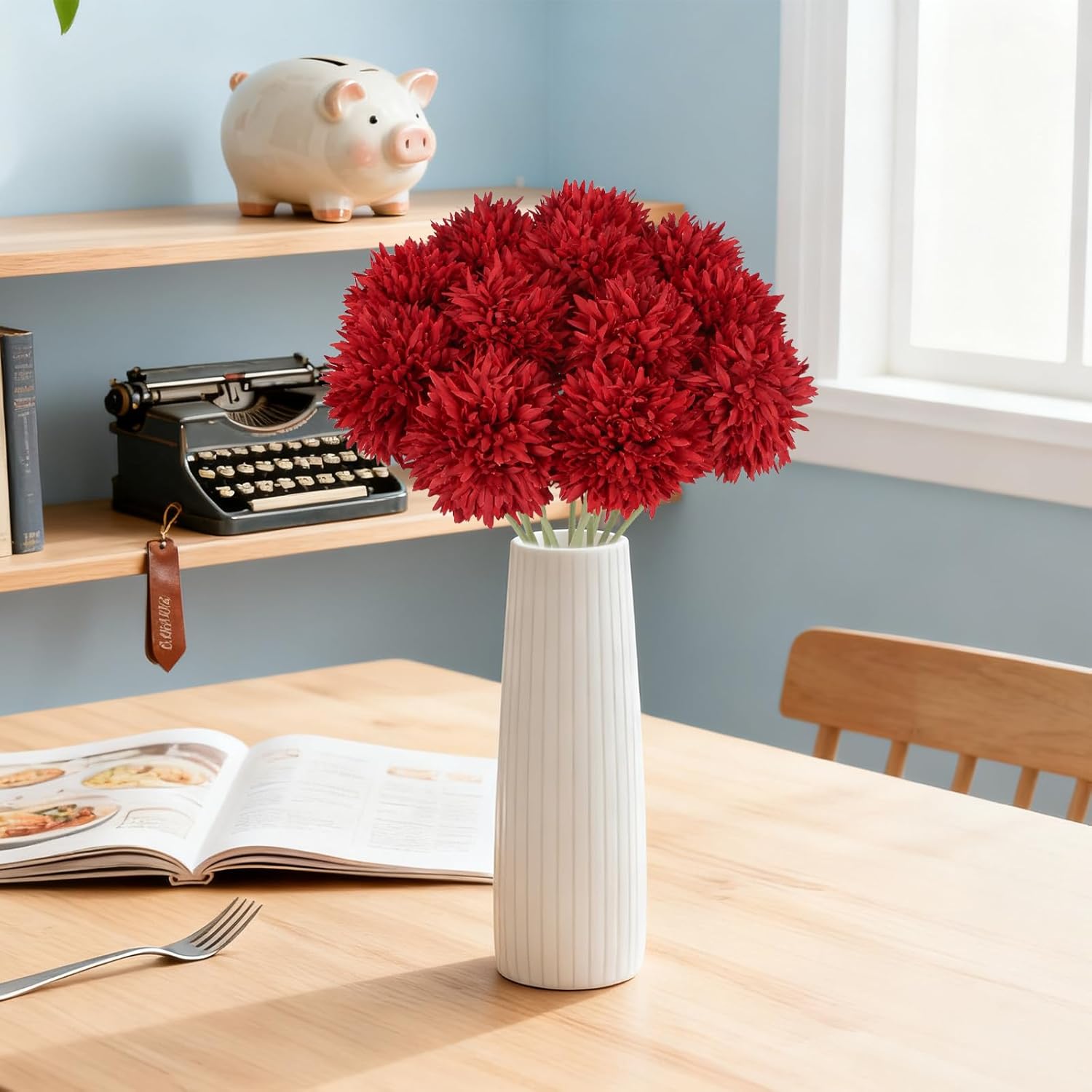 IPOPU 12PCS Chrysanthemum Flowers Artificial 17.3’’ Red Fake Mums Faux Silk Flowers with Stems for Wedding Bouquets Home Dining Table Party Garden Decor(Red) - Image 5