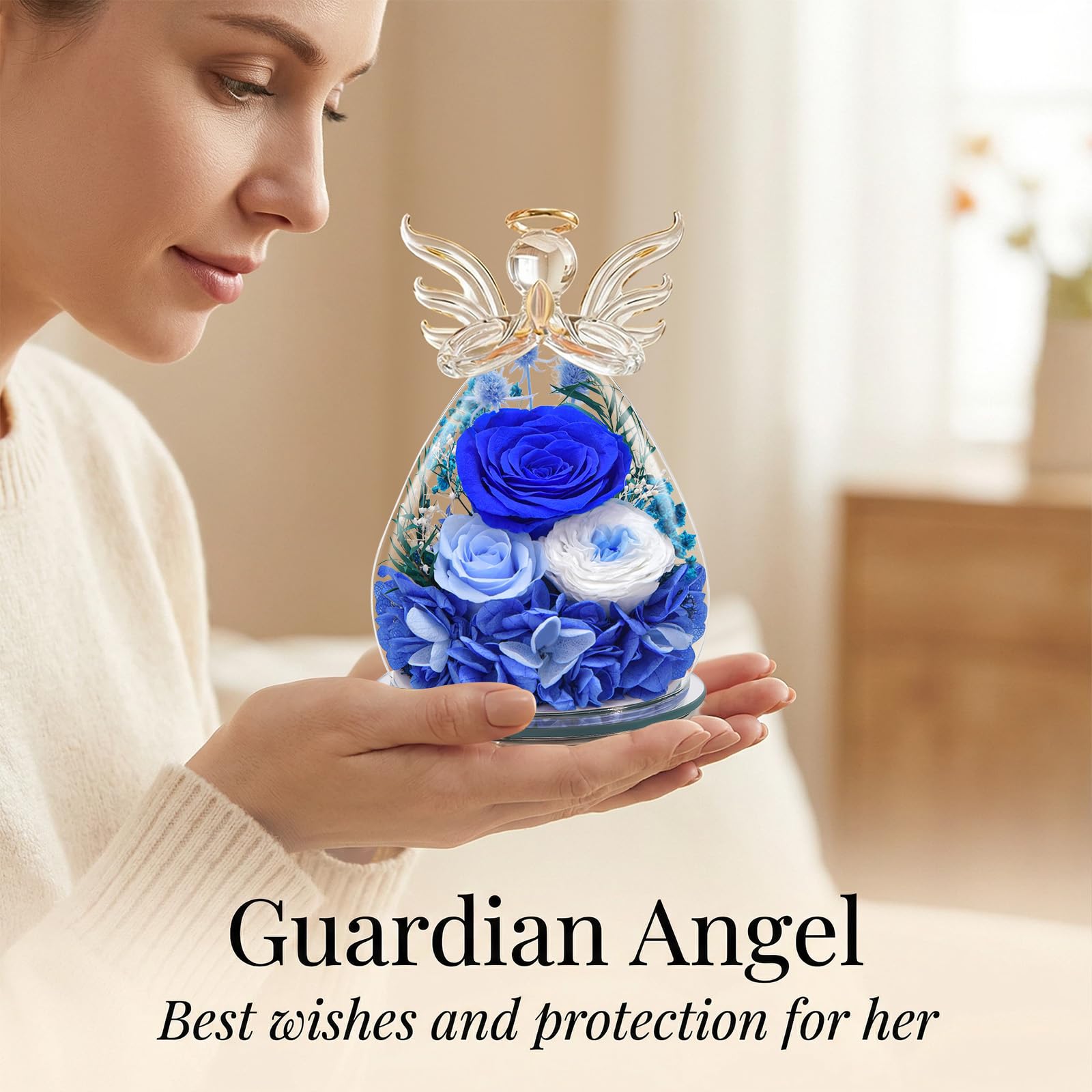 Regalos de Angel Rosa Eterna para Mamá, Regalo para Madre Abuela Novia, Regalo del Día de la Madre Flor Eterna con LED (1 Azul + 1 Azul Claro + 1 Rosa Blanca)