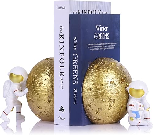 Miniatura 1 de Juego de 2 sujetalibros dorados de astronauta, resistentes con base antideslizante, sujetalibros decorativos para habitaciones de niños, decoración