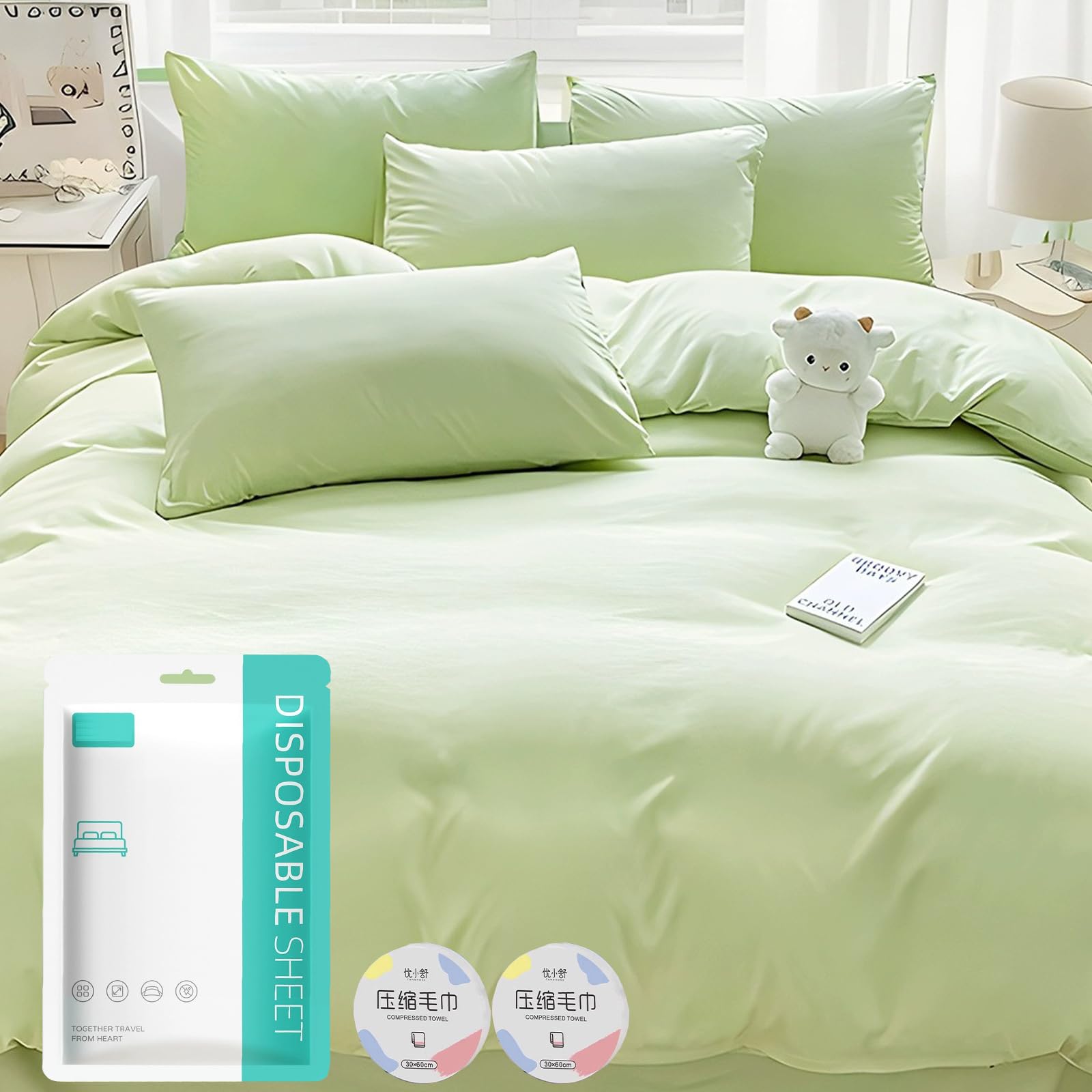 6 Piece Disposable Bed Sheets Quilt Cover and Pillow Case Set Portable Disposable Sheet Ready to use Disposable Thick Non-Woven Fabric Bedding Cover Set for Hotel Travel Quilt set(Green220*240CM)