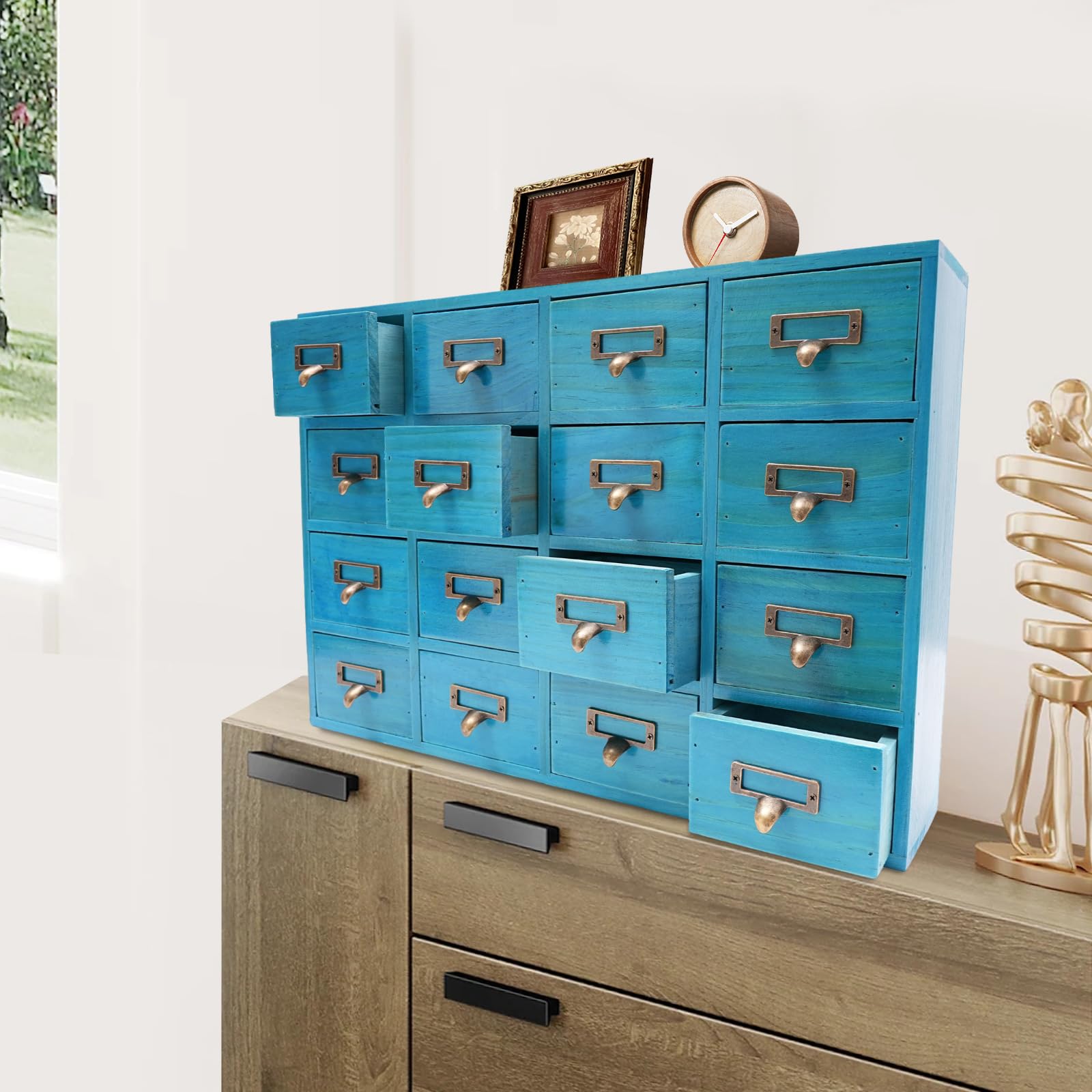 Rustikal 16 Schubladen Apotheker Schrank Holz Apotheker Truhen Und Schränke Mini Kräuter Aufbewahrungsbox Schreibtisch Schublade Organizer Für Haushalte, Büros, Kleine Werkstätten(Blau)