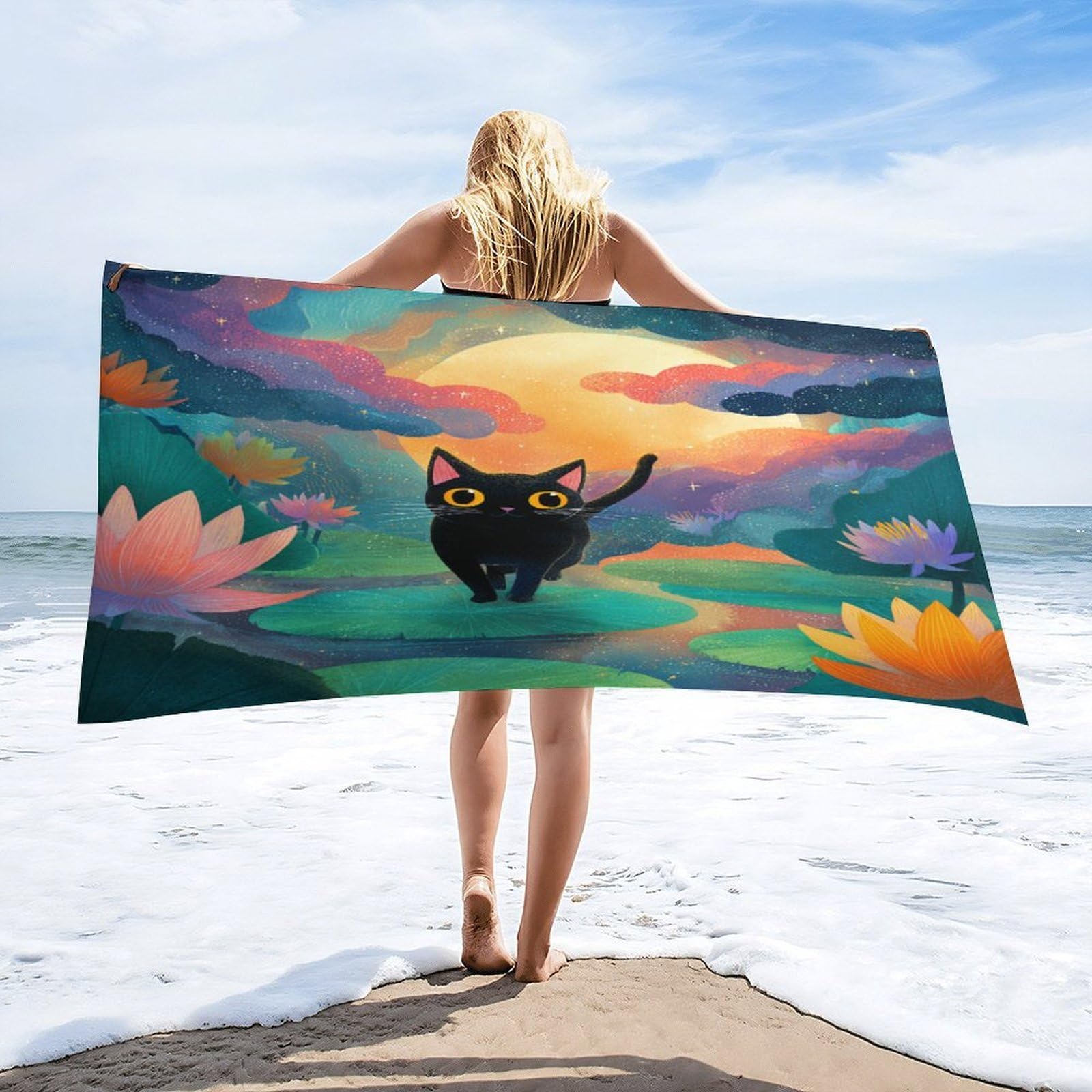 Luyysky Vintage Fantasy Black Cat Quick-Drying Beach Towel, Classic Cute Full Moon Starry Sky Lotus Flowers Leaves Animal Kitten Travel Vacation Single Sided Pile Bathroom Towels-80 W Cm X 160" L Cm