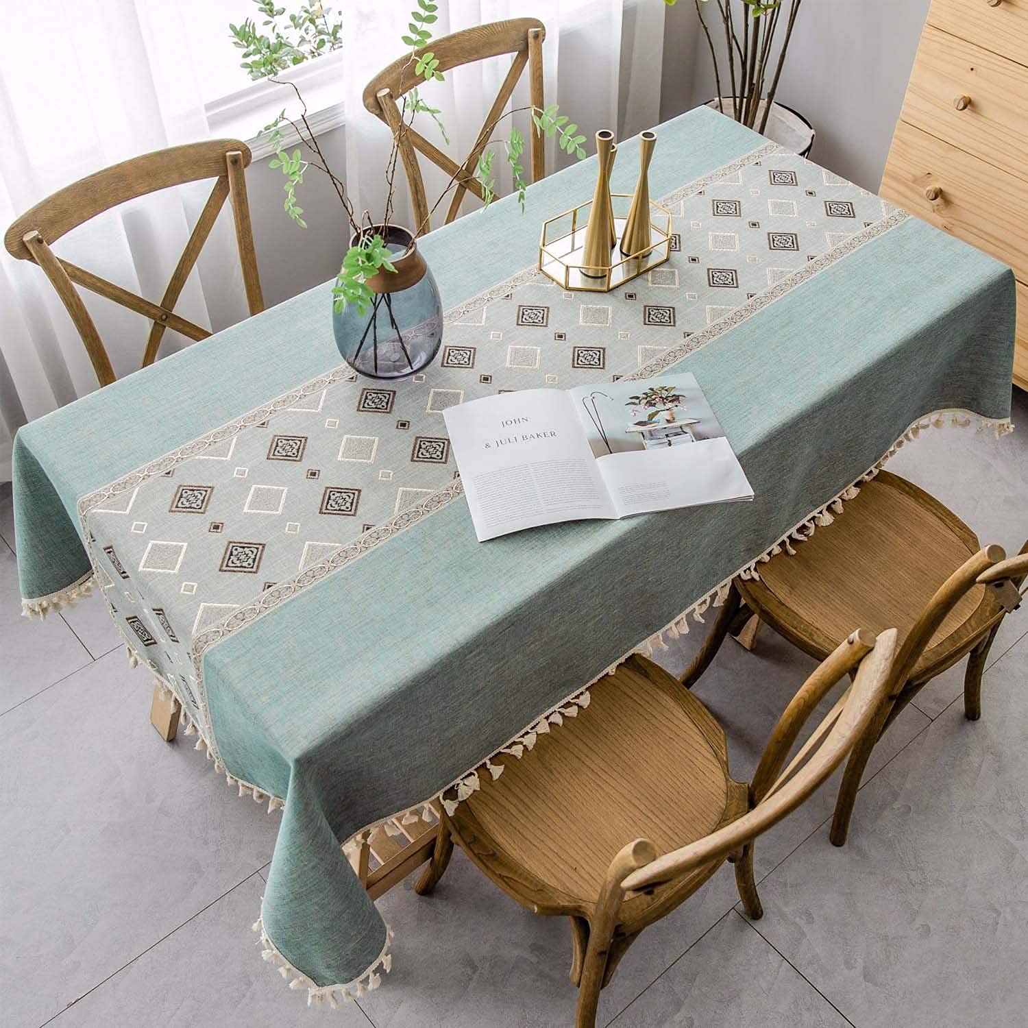 Nappe à glands coton lin lavable 140x140cm nappe de cuisine antipoussière