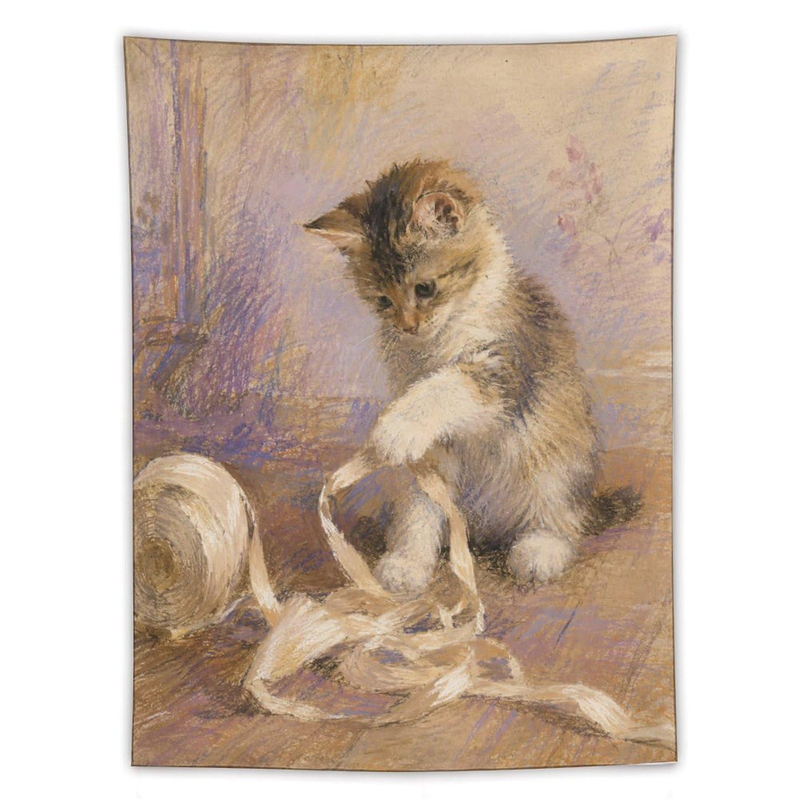 H3B8U2Y5 Kitten with Yarn Wall Tapestry, Watercolor Style, Soft Pastel
