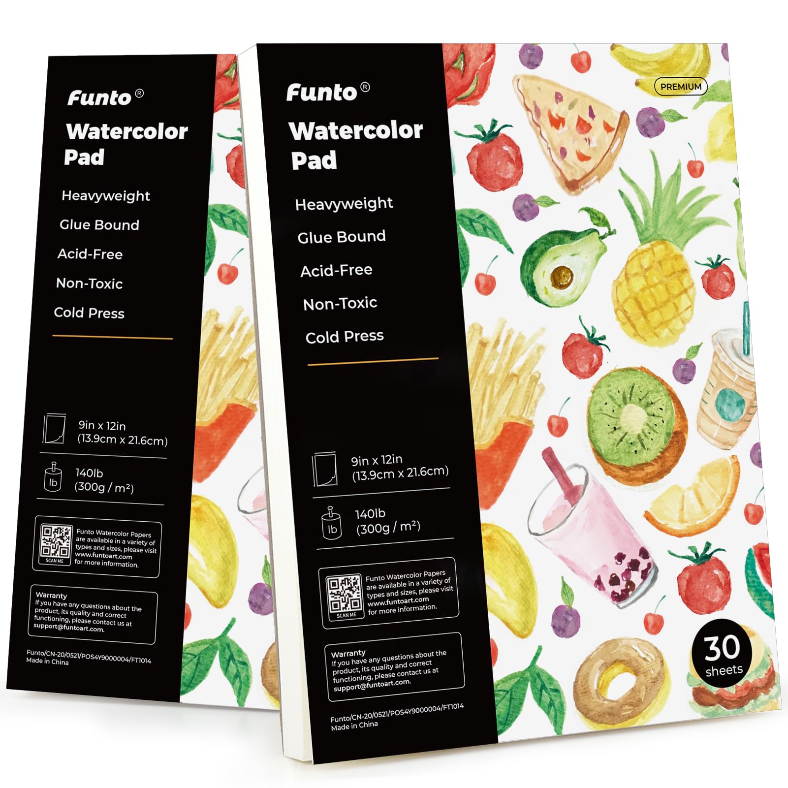 Funto Watercolour Paper Pads, 9"x12", 30 Sheets (140lb/300gsm) Pack of 2, Acid Free Heavyweight Art Paper for Painting, Drawing & Art Supplies, Cold Pressed Watercolor Sketchbooks for Drawing