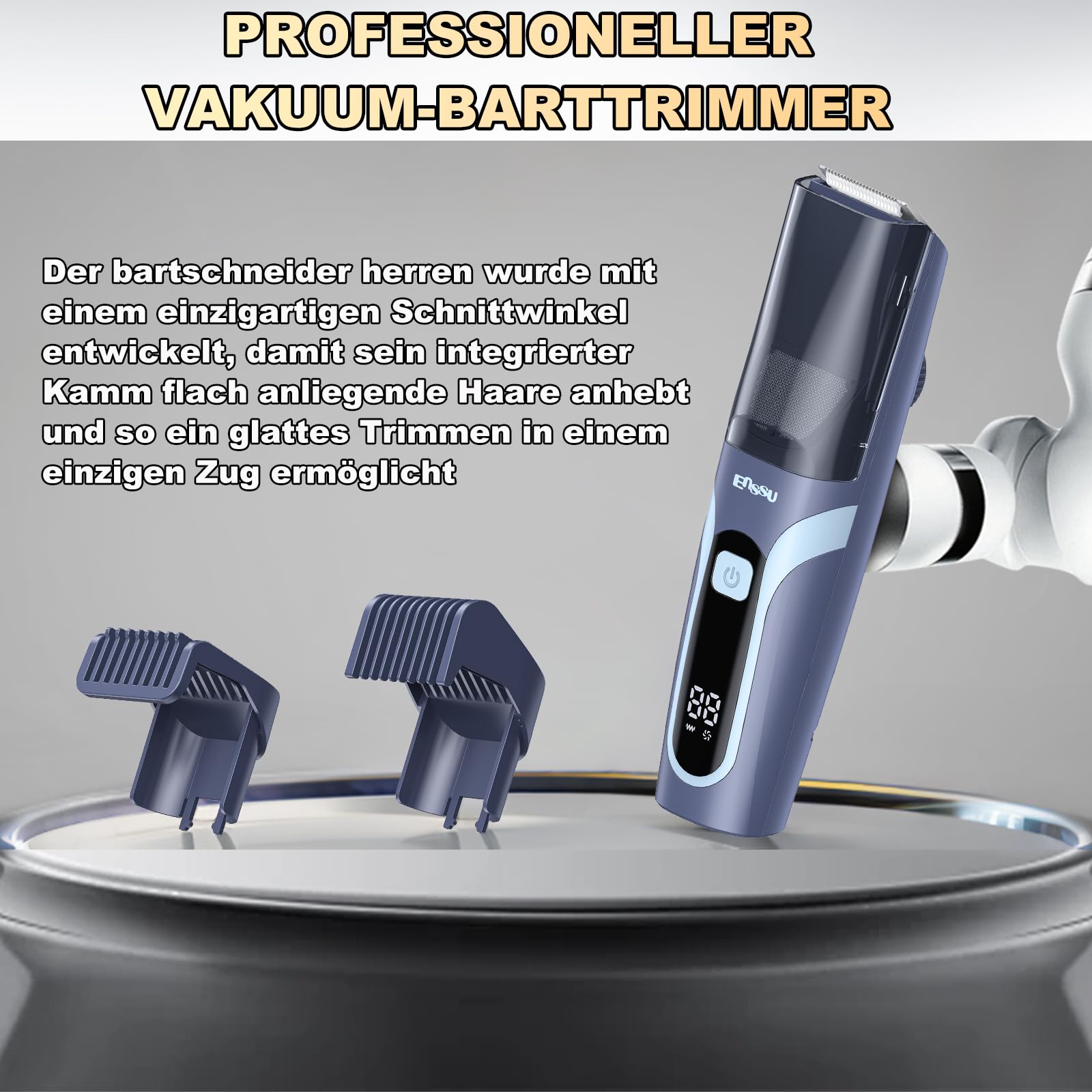Vakuum Barttrimmer Herren, Wiederaufladbarer Bartschneider Herren Elektrisch Rasierer, IPX7 Wasserdichter kabelloser haarschneidemaschine (ab 1 mm bis 20 mm) mit Typ-C Aufladung, LCD Display (Blau)