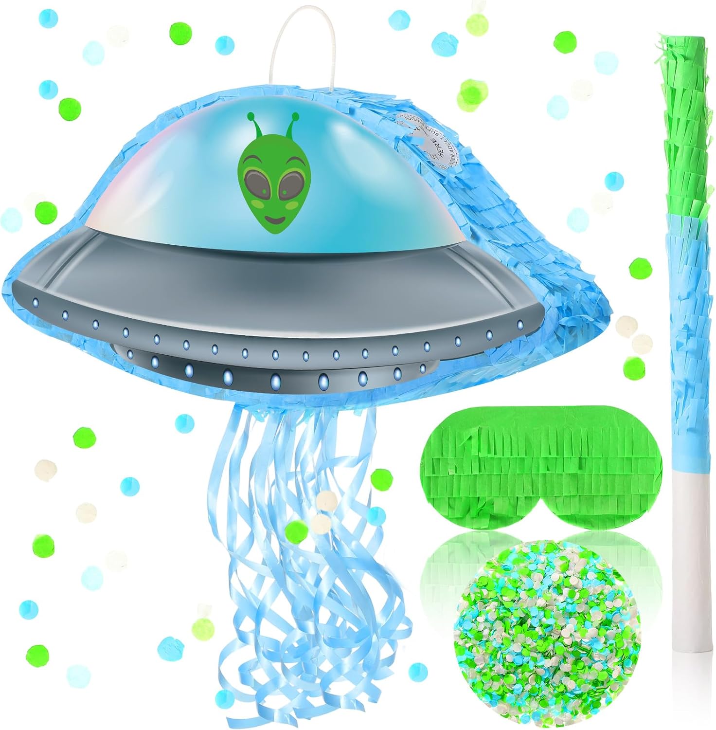 Janlaugh Alien Pinata with Bat Stick Blindfold and Confetti, Spacecraft Piñata Party Decoration Spaceship Themed Halloween Birthday Party Favor Supplies(Spaceship)