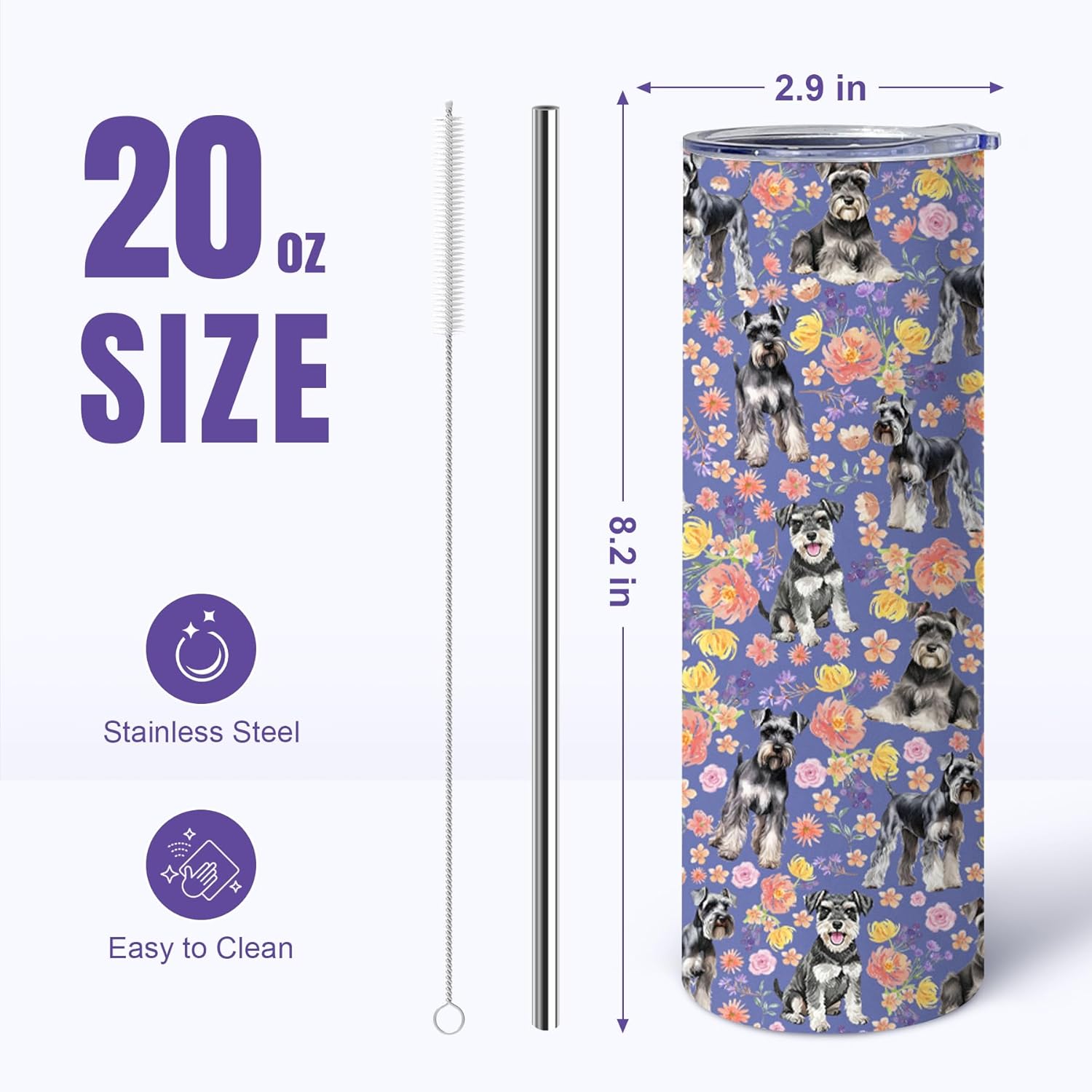 Schnauzer Gifts for Women, 20oz Stainless Steel Insulated Tumbler Travel Mug Cup with Lid Straw Brush, Gifts for Dog Mom Dog Lover - Image 2