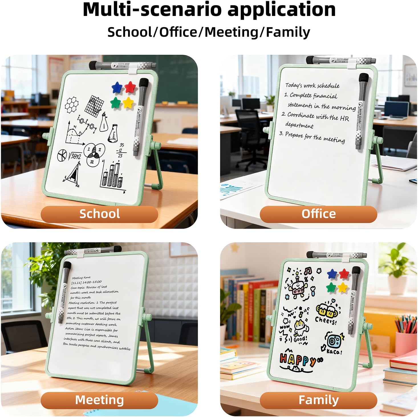 Colorful Dry Erase White Board 8.3x11in, Magnetic Desktop Board with Stand, 2 Markers (Eraser Head), 4 Magnets - Double-Sided Easel for Daily Planning, Memo, Office/Home/School (Green)