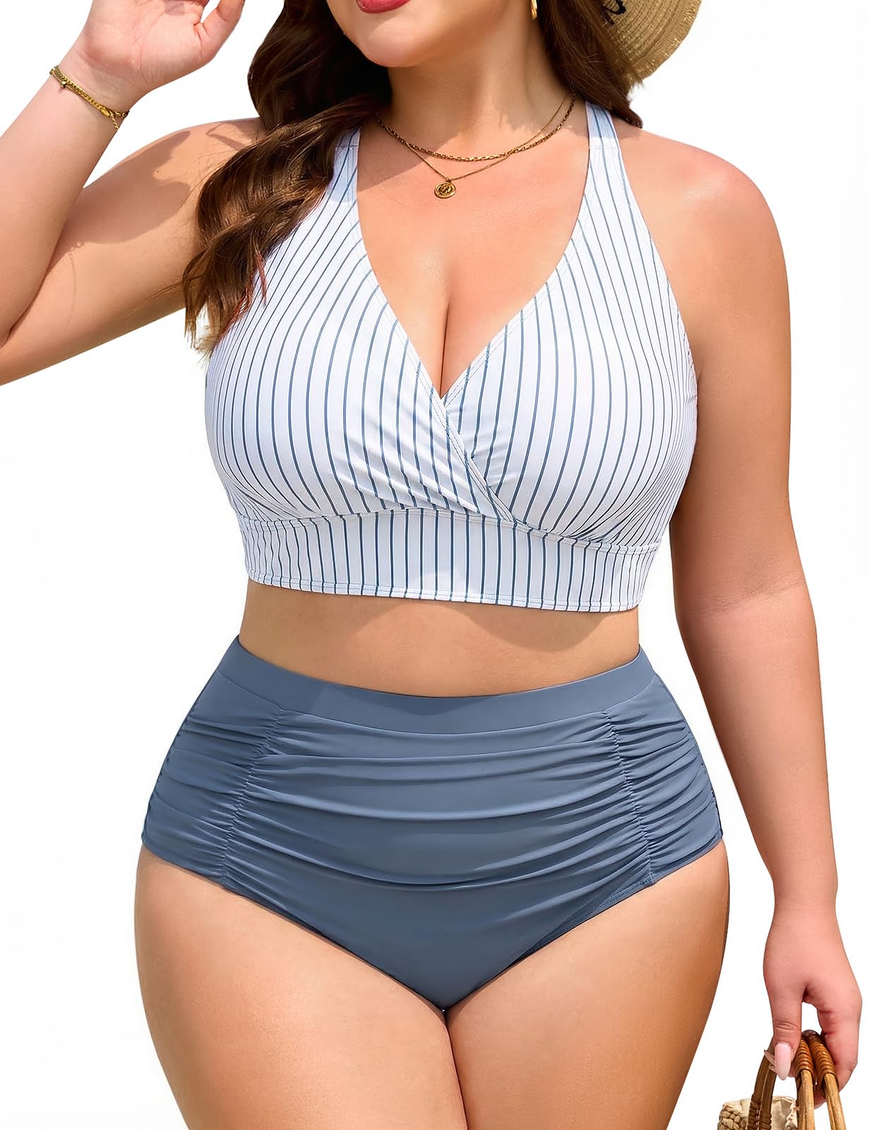 Maillot de Bain Femme 2 Pieces Grande Taille Gainant Bikini Taille Haute Ventre Plat Maillots Deux Pièces Col en V Vacances Plage Beachwear