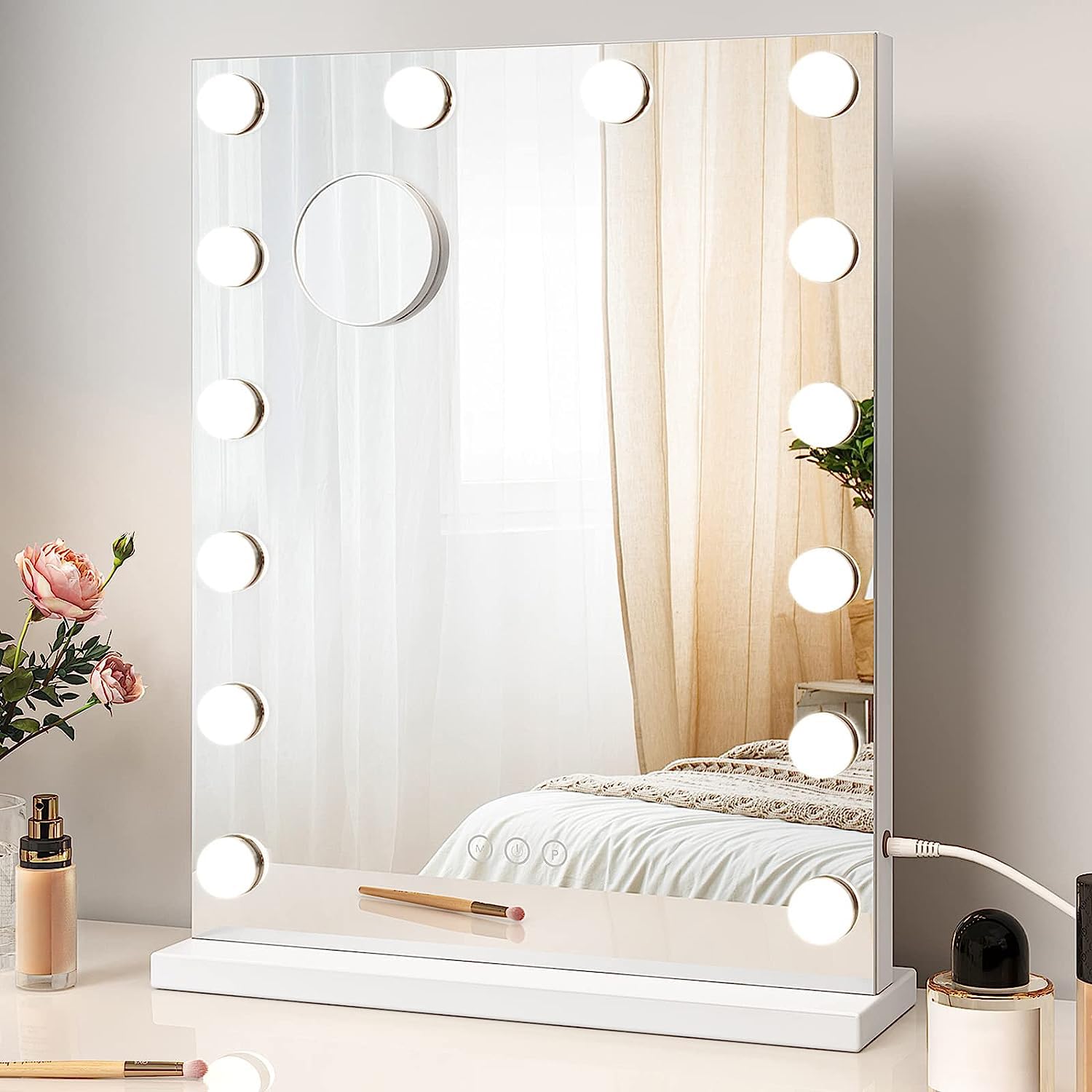 Moziel 40x52cm Specchio da Trucco con Luci, Specchio Hollywood da Tavolo o da Parete con Lampadine a 14 Led Tre Colori di Luce e Funzione di Luminosità Regolabile