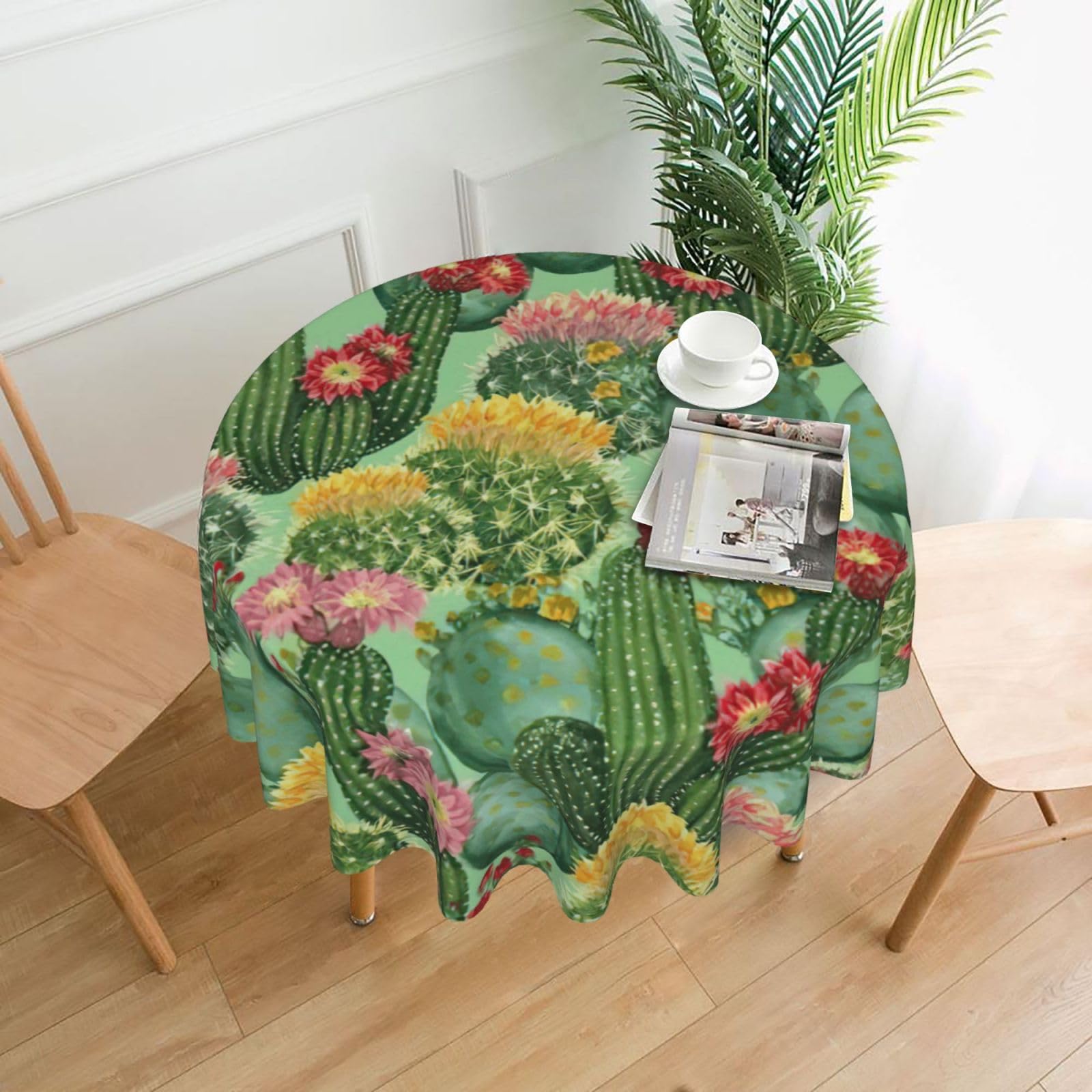 VCzsdff Cactus Floral Bloom Print Stain Resistant Round Tablecloth 60in Family Friendly Polyester Cloth for Kids Meals