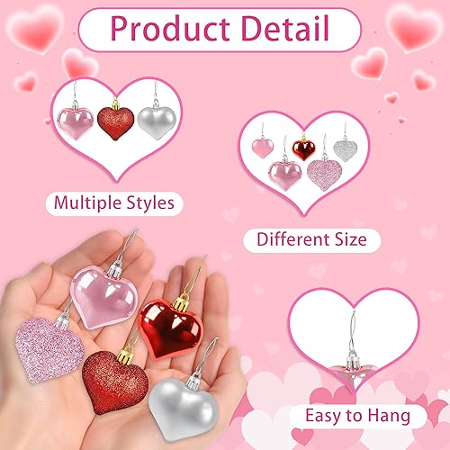 Miniatura 5 de 48 adornos de corazón para decoraciones del día de San Valentín, 2 tamaños de adornos en forma de corazón para árbol de Navidad de San Valentín,