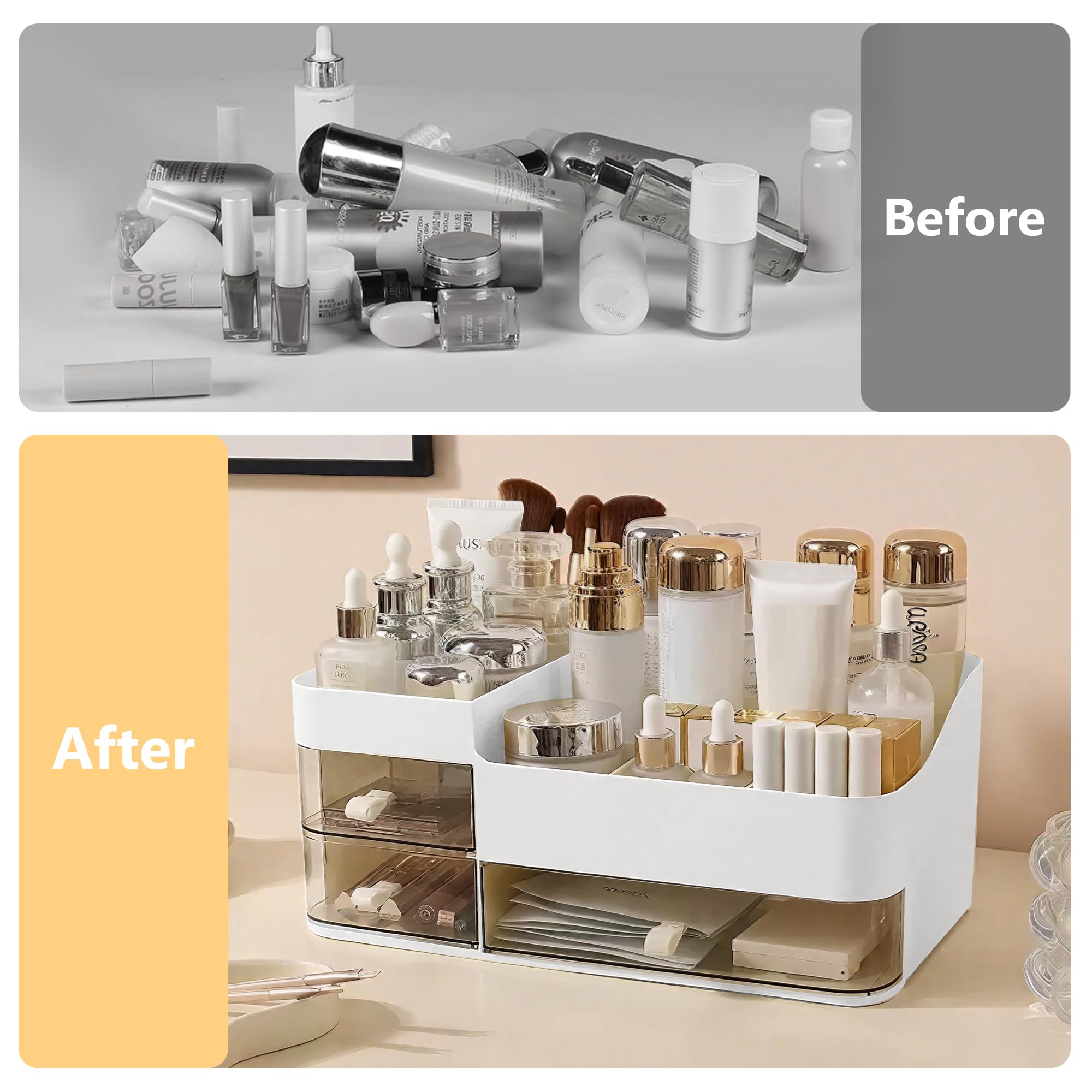 Makeup Kosmetik Organizer mit Schubladen, Plastic Kosmetik Aufbewahrungsbox Waschtische, Schlafzimmer und Badezimmer, Kosmetik Box für Lippenstift & Beauty Zubehör, Weiß