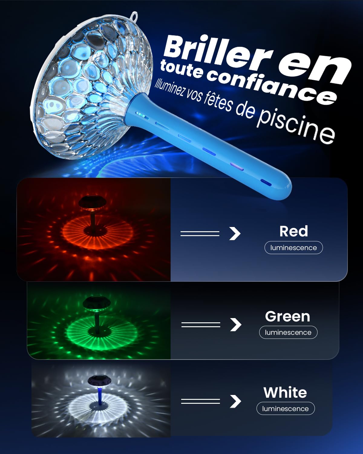 Lampe de piscine solaire avec double écran LCD, thermomètre de piscine flottant facile à lire, 8 effets lumineux dynamiques, thermomètre numérique étanche IPX7