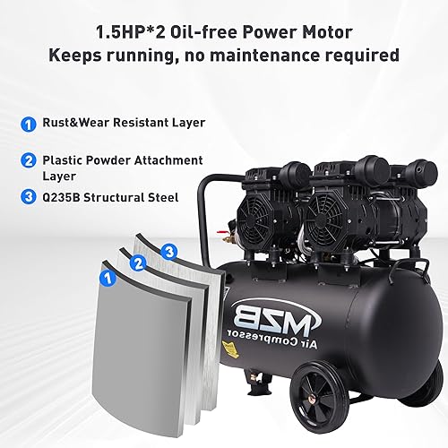 Miniatura 7 de MZB 13.2 Galones Compresor de Aire Ultra Silencioso 115PSI Tanques de Acero Nivel de Ruido 72dB Compresor de Aire Sin Aceite