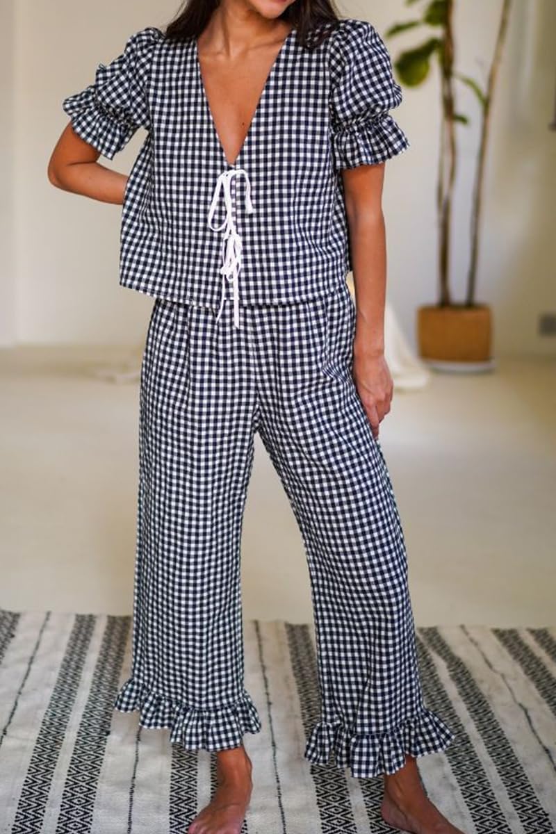 Argeousgor Women Plaid 2 Piece Pajama Set Tie Front Puff Sleeve Babydoll Shirt Gingham Pants Pj Lounge Set Sleepwear - Image 6