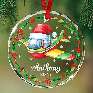 Airplane Ornament Christmas Tree Hanging, Custom Pilot Glass Ornament Xmas, Airplane Airport Enthusiast Keepsake Gift for Baby Boys Girls, Personalized Name & Year Pilot Ornaments for Captain