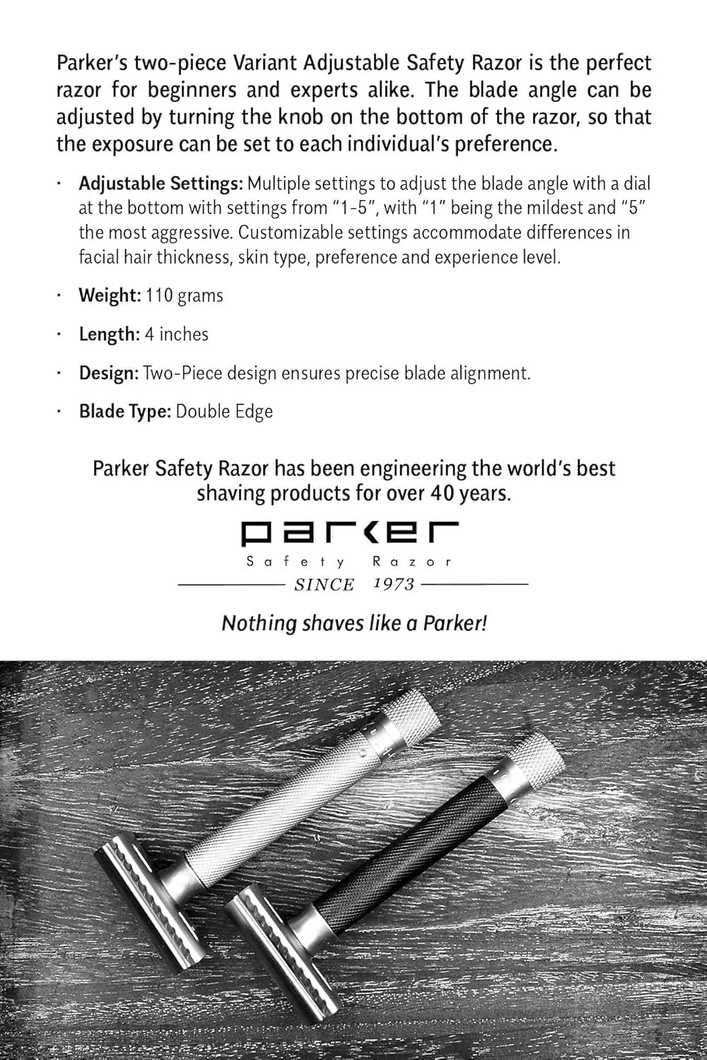 Parker Safety Razor Parker Variante regolabile doppio bordo rasoio di sicurezza e 5 Premium Blades - Cromo satinato