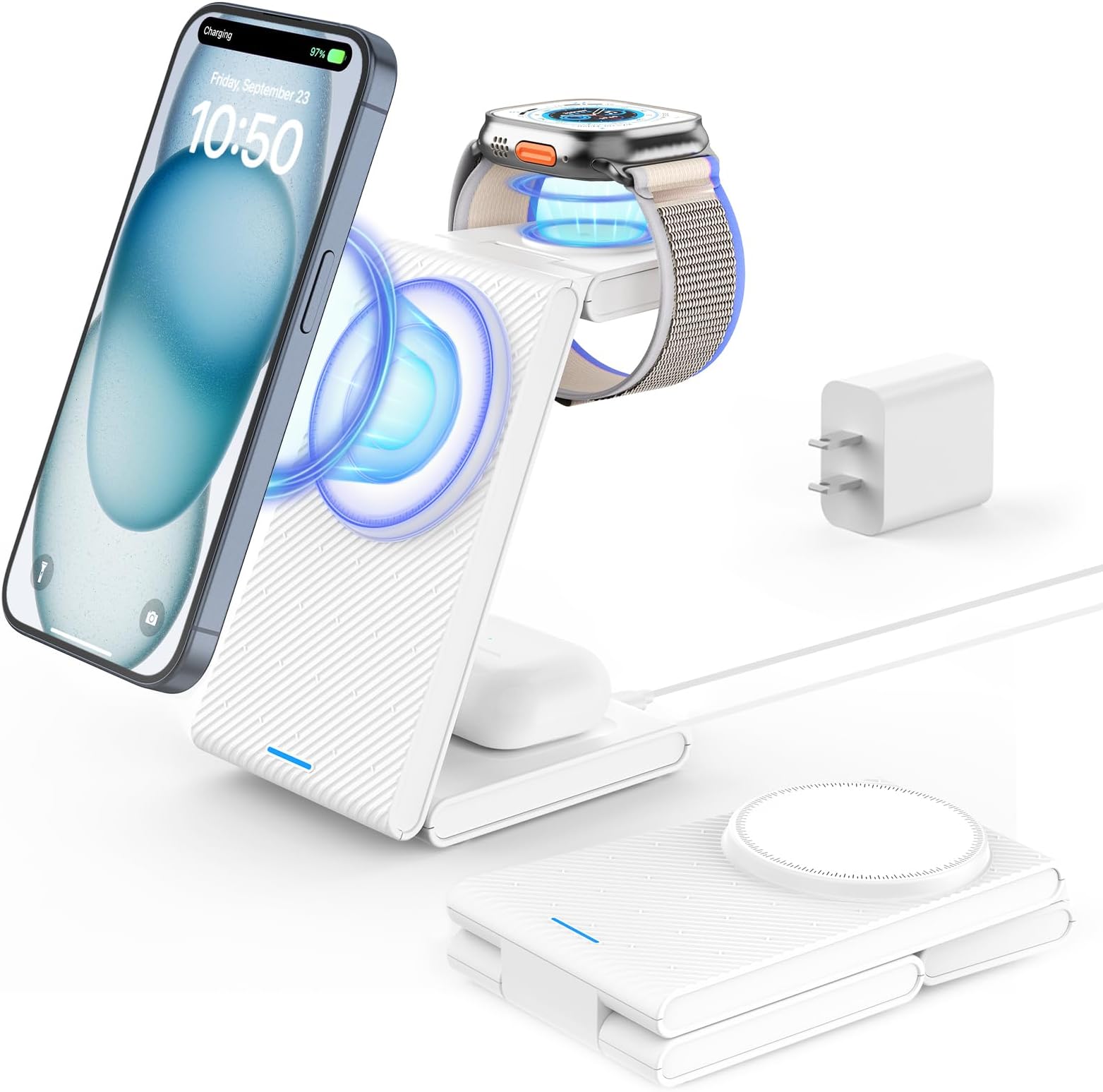 3 in 1 Wireless Charging Station, Foldable Magnetic Wireless Charger Stand for Multiple Devices, Wireless Charger for iPhone 16/15/14/13/12, Apple Watch 9/8/7/6/SE/5/4/3/2, AirPods 3/2/Pro
