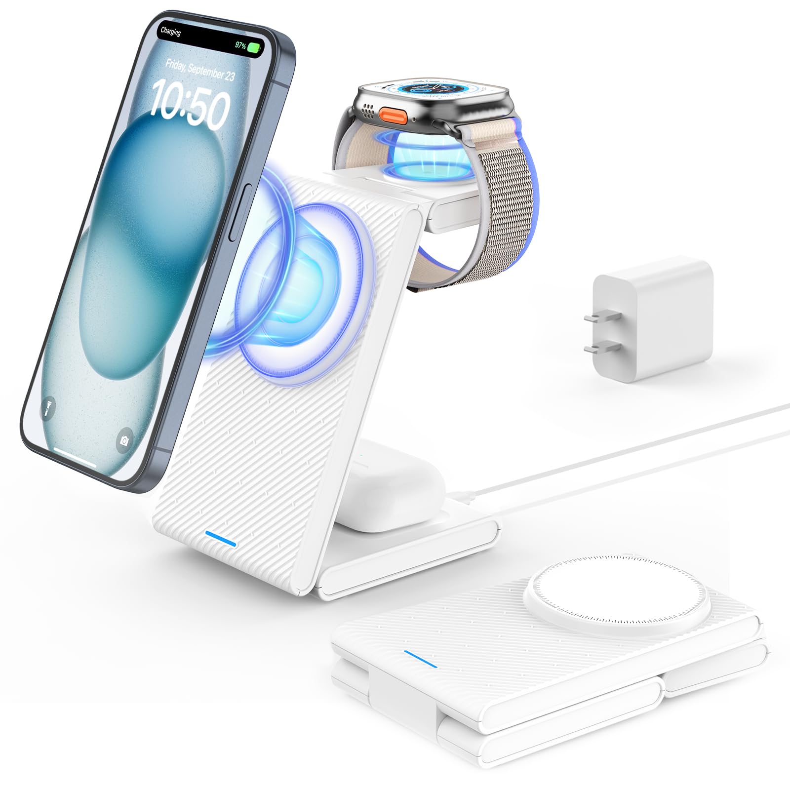 Estación de carga inalámbrica 3 en 1, soporte magnético plegable para múltiples dispositivos, cargador inalámbrico para iPhone 16/15/14/13/12, Apple Watch 9/8/7/6/SE/5/4/3/2, AirPods 3/2/Pro