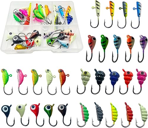 Miniatura 7 de 24 piezas de plantillas de pesca en hielo para panfish Crappie Sunfish Walleye Ice Fishing Jig Box Accesorios Equipo de pesca en hielo Juego de caja