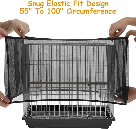 Adjustable Bird Cage Seed Catcher, Black Bird Cage Net Birdcage Cover Skirt Nylon Mesh Netting, Stretchy Birds Cages Guard for Parrot Parakeet Macaw African Any Cages Cover