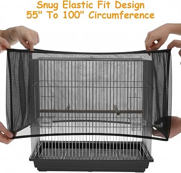 Adjustable Bird Cage Seed Catcher, Black Bird Cage Net Birdcage Cover Skirt Nylon Mesh Netting, Stretchy Birds Cages Guard for Parrot Parakeet Macaw African Any Cages Cover