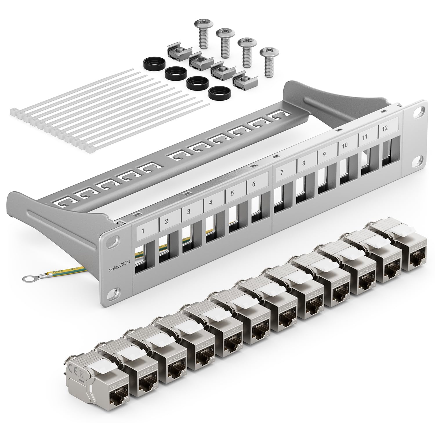 deleyCON SET 12 Ports CAT7 Panneau de Brassage Panneau de Distribution Modulaire 1 U Installation en Rack 10" + 12x Modules Keystone CAT 7 Réseau LAN RJ45 10 Gbit/s 600 MHz Câble D'installation Gris