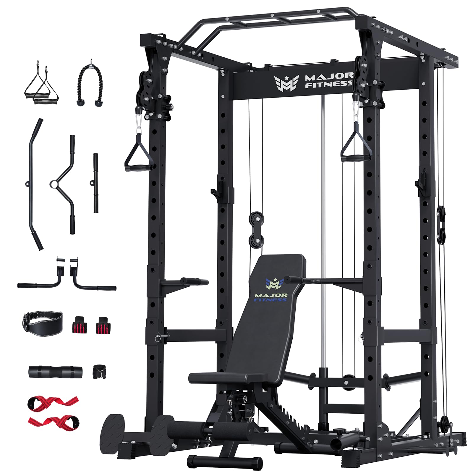 MAJOR FITNESS Drone1 Power Cage - Multi-Function Power Rack for Home Gym, Squat Rack with Pull-up Bar, Cable Crossover System, J-Hooks, for Strength Training, Heavy-Duty Steel Construction