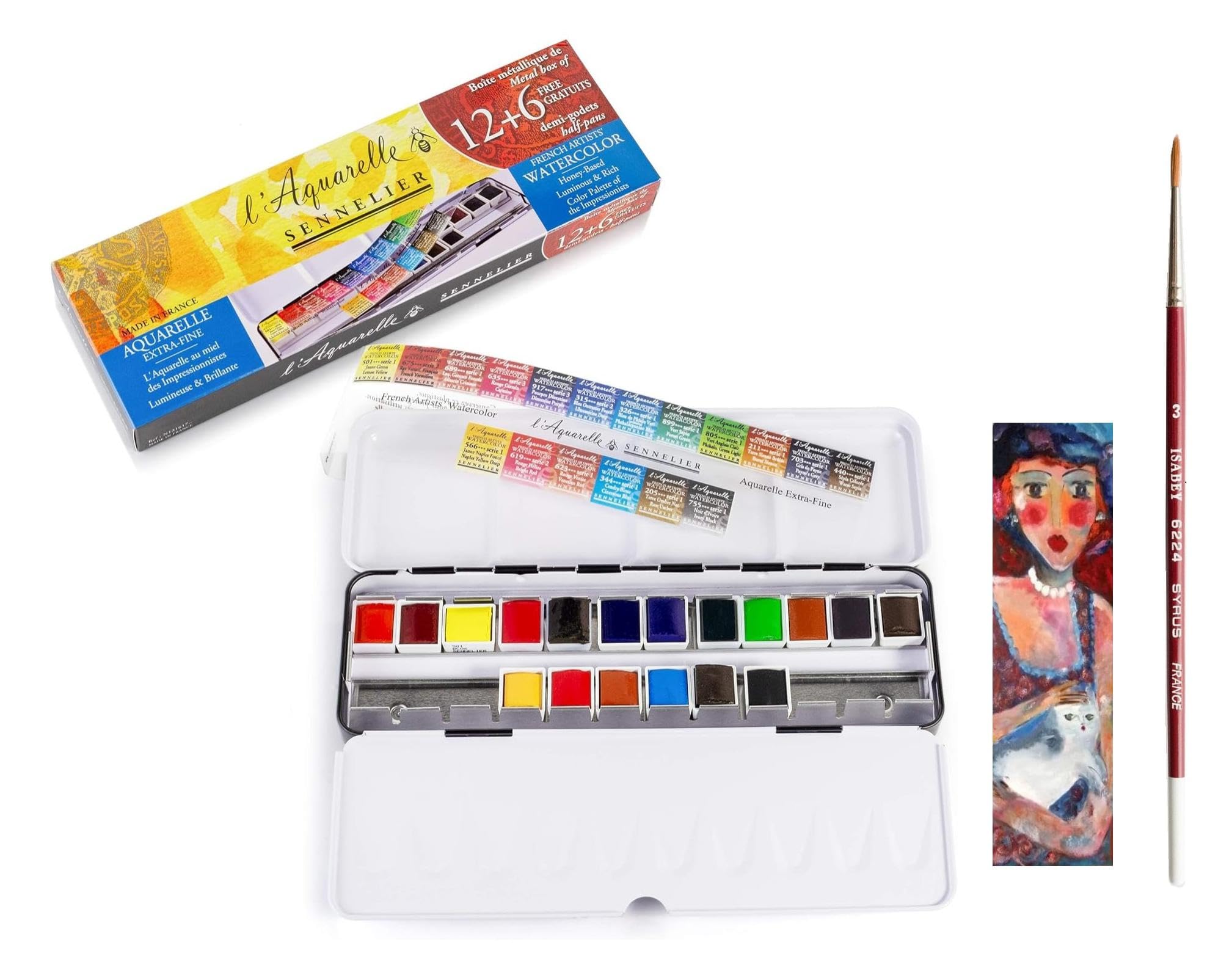 Sennelier Boîte de Peinture Aquarelle Extra-Fines, 18 Demi-Godets Métal + Pinceau