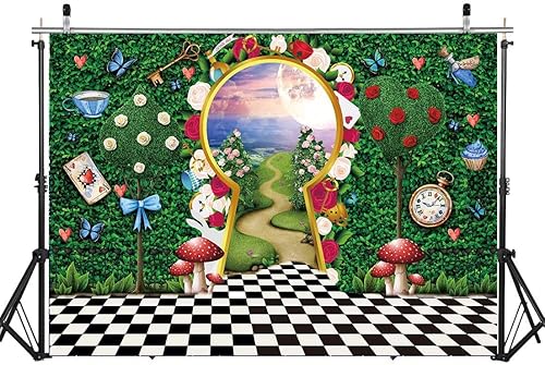 Miniatura 2 de Telón de fondo para fotografía del país de las maravillas de 7 x 5 pies, decoración de fiesta de té, cuento de hadas, castillo, conejo, hoja verde,