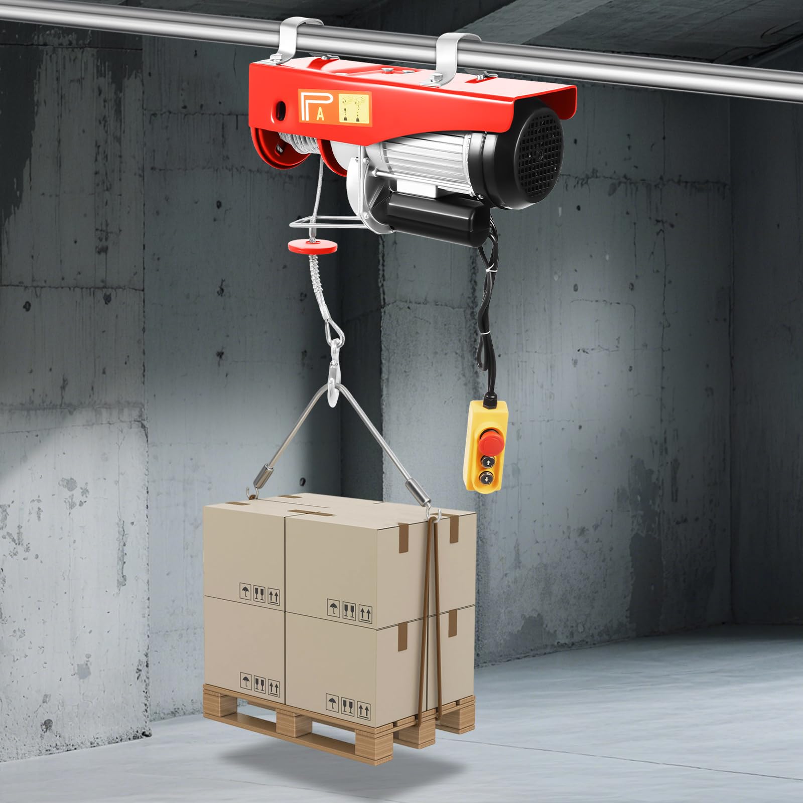 Elektrische Seilwinde 1600W 1000kg, elektrischer Flaschenzug mit 12m Drahtseil & IP40, Hebezeug für Werkstatt, Garage & Lager, 8m/min (500/1000kg, 48cm)