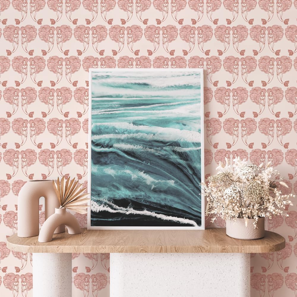 Tempaper Pink Block Print Mermaids Removable Peel and Stick Coastal Wallpaper, 20.5 in X 16.5 ft, Made in The USA