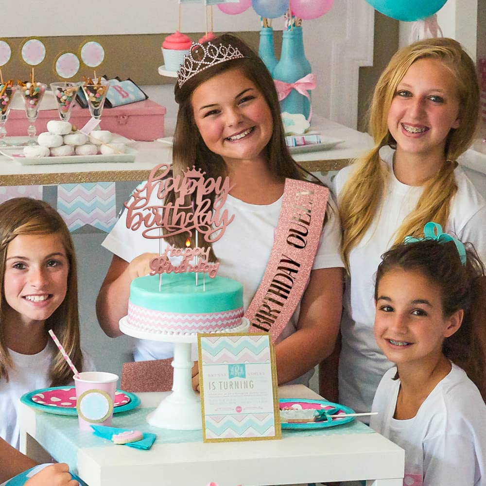 Birthday Gifts Decorations for Women - Birthday Cake Topper, Balloons, Birthday Queen Sash with Pearl Pin, Tiara Crown and Candle Set, Rose Gold (Queen Birthday Decor)