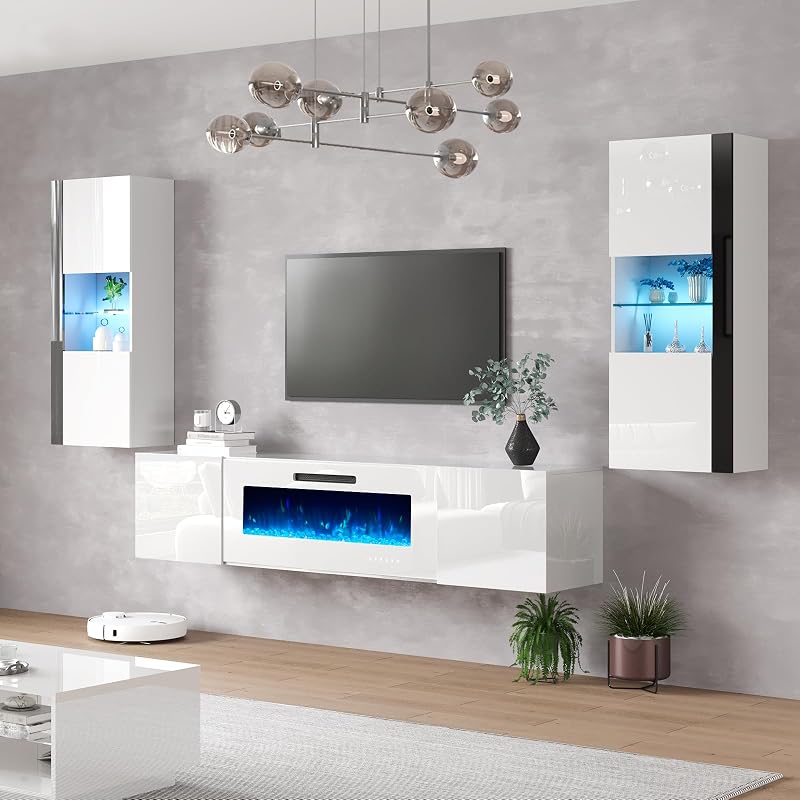 AMERLIFE Wall Unit Entertainment Center with 40" Electric Fireplace, Includes 80" Floating Fireplace TV Stand, 2 x Wall Cabinets, Modern LED Light Media Console Table for Living Room, All White image 7