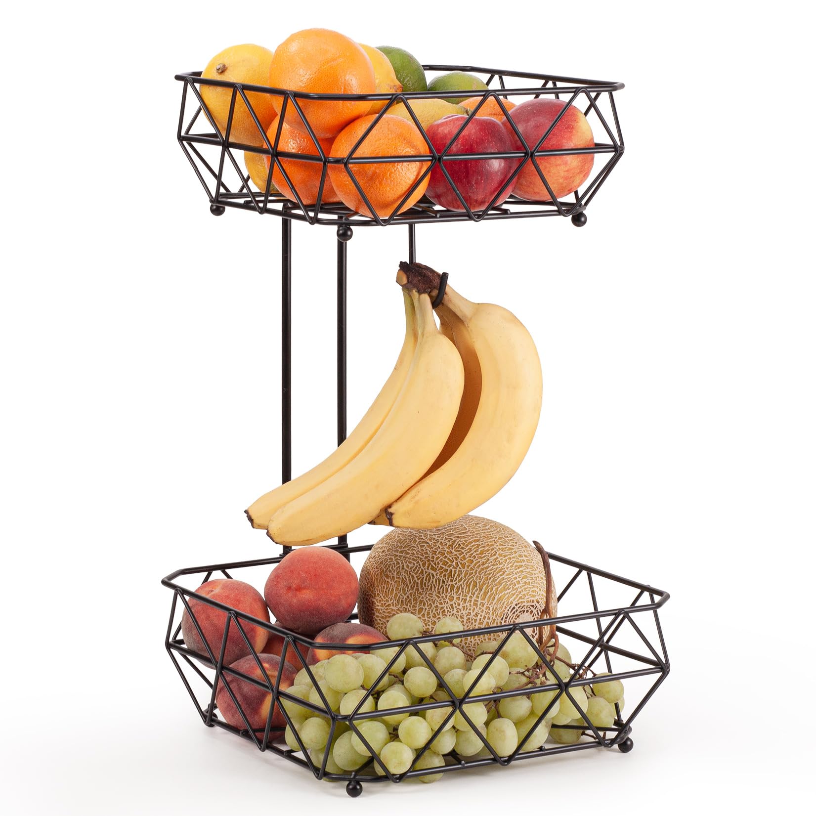 EHC 2 Tier Fruit Basket Stand for Kitchen, Counter Storage Organiser, Vegetable Holder, Fruits Organiser, Easy Assembly, Square Geometric, Black