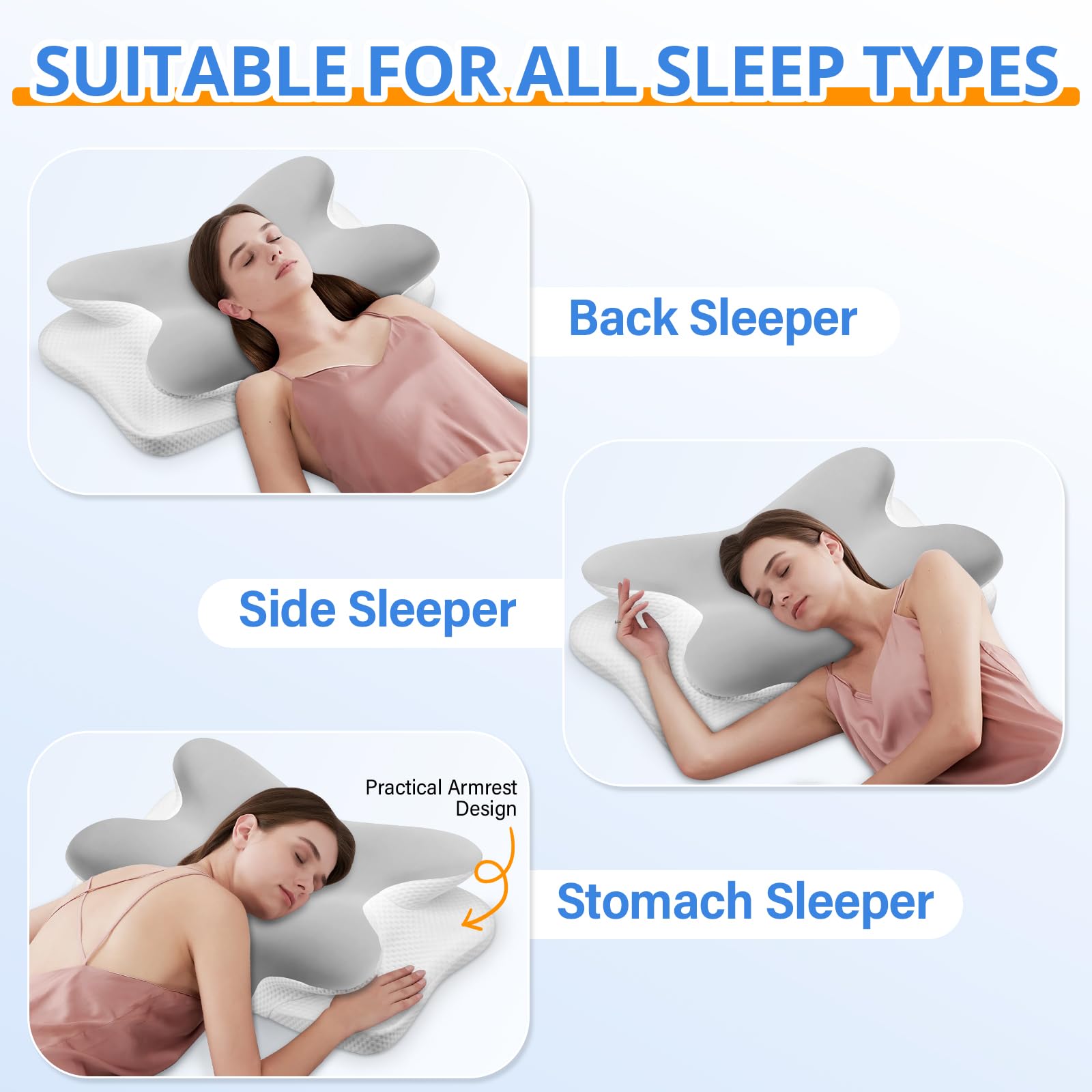 Ehomfory Cuscino Cervicale per Dormire, 2 in 1 Cuscini Laterali in Schiuma di Memoria per il Sonno Cuscino Ergonomico di Supporto al Collo per Migliorare la Qualità del Sonno, 65x37x10/12cm, Argento