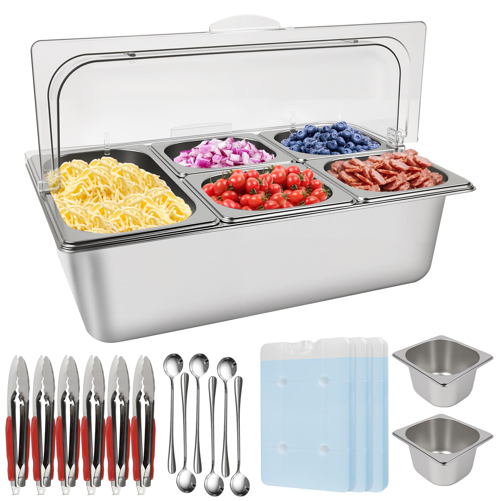 Kalolary Pizza Topping Station, 7 Pans Stainless Steel Spice Organizer Salad Bar Buffet Station with Spoons Ice Boxes Buffet Containers Set for Sauce Jam Ingredient Kitchen Restaurant Pantry