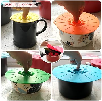 Silicone Suction Lids , Reusable Silicone Dustproof Heat-Resistant Cover, Fit Any Round Container Flat Rim, Great for Frying Pans Casseroles Woks - 5 sizes