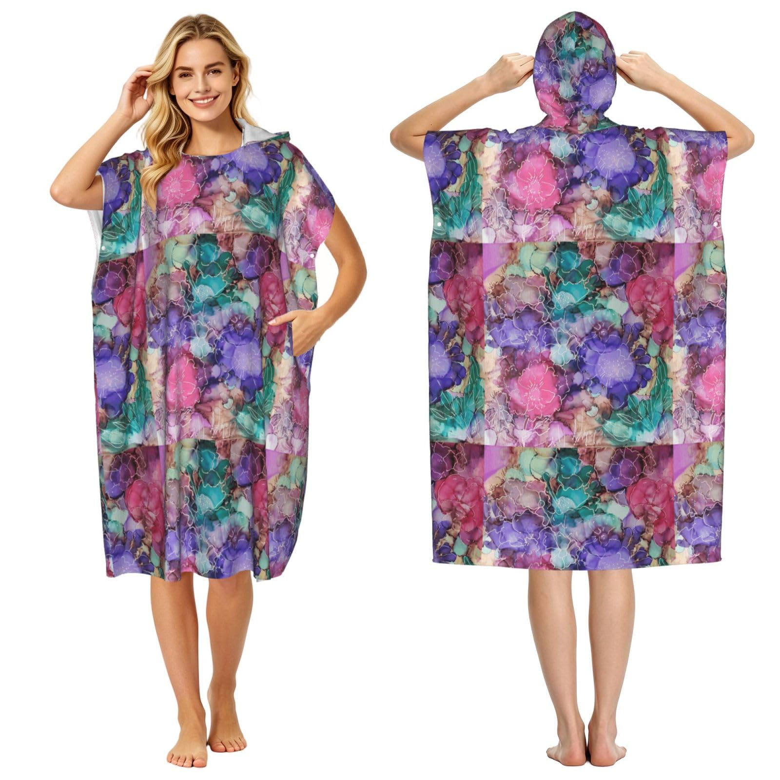 Poadnly Tie Dye Flowers, Adult Hooded Beach Towel 90 x 110 cm,Changing Bath Robe, Surf Poncho Towel For Women Men