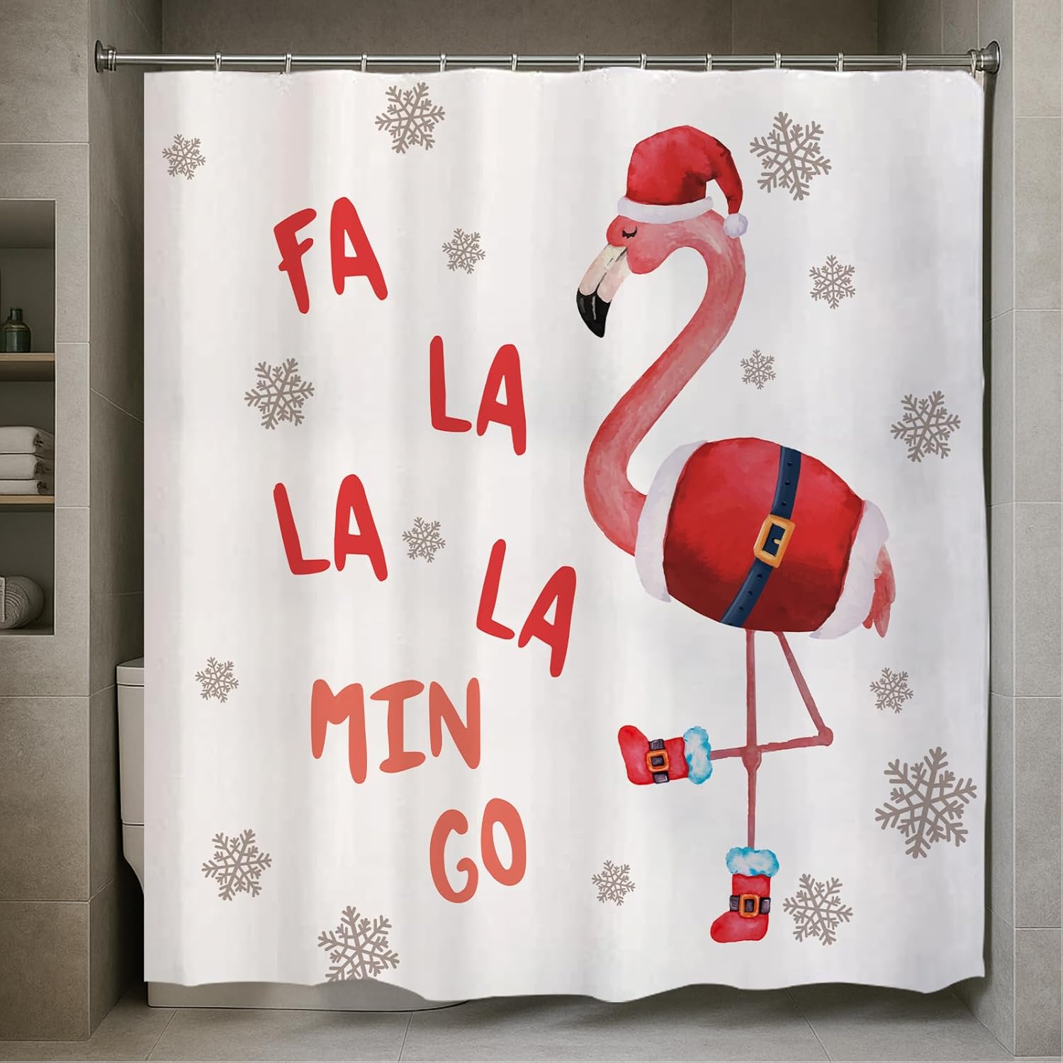 GPGHE Flamingo Christmas Decorations Funny Shower Curtain Flamingo Holiday Bath Curtain Decor with 12 Hooks 71x71 Inch