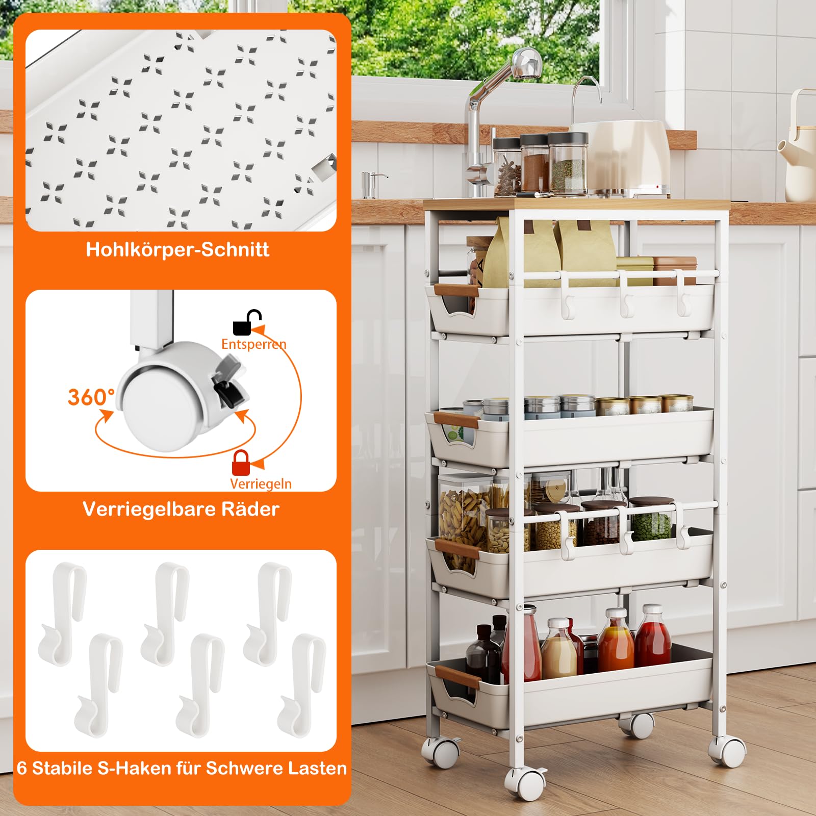 Küchenwagen mit 5 Ebenen & herausnehmbarer Schublade, Aufbewahrungswagen aus Metall mit Holzplatte, belüfteten Körben und Rollen, Snack-Organizer für Obst und Gemüse(32,5x36,5x82 cm, Weiß​​)