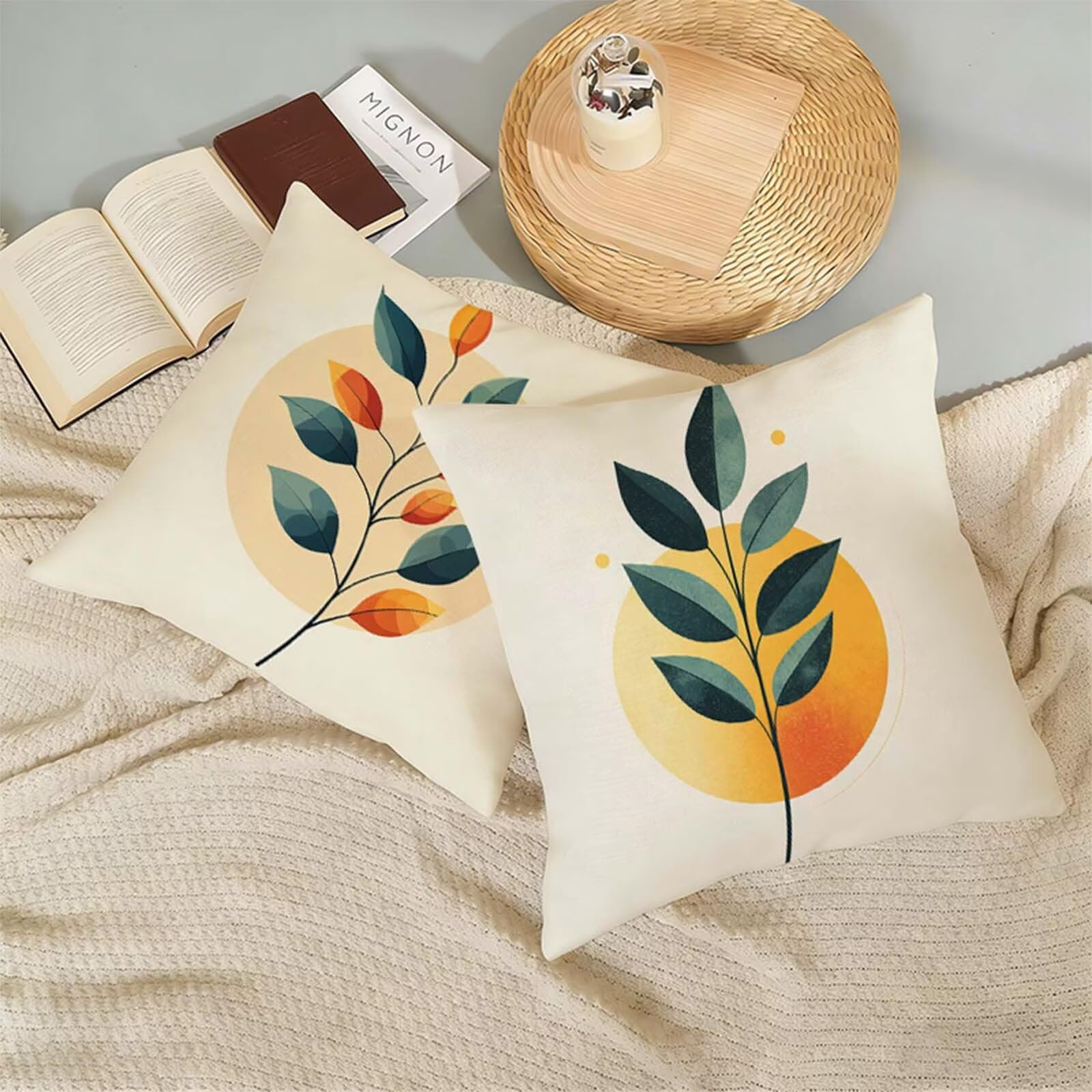 Juego de 2 Funda Cojin 80x80CM Beige,Cuadrada Impermeable Fundas Cojines Planta Lino Impresión a Doble Cara con Cremallera Oculta,Apto para Todas las Estaciones Funda Almohada para Sofá o Salón X-297