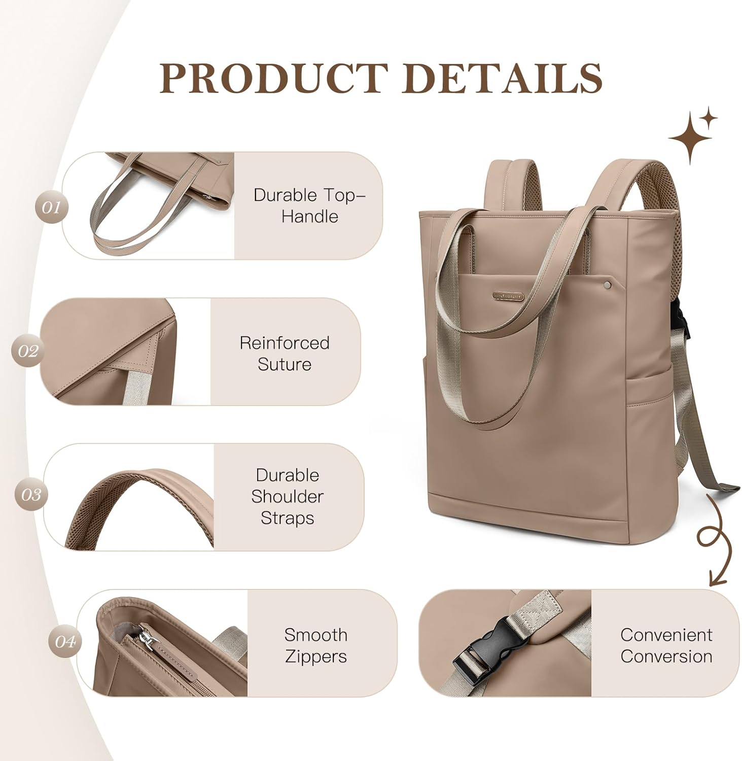 Convertible Laptop Backpack for Women Men Carry on Tote Backpack Teacher Bookbag for College Work Nurse Travel Leisure,16 Inch,Champagne Brown - Image 6