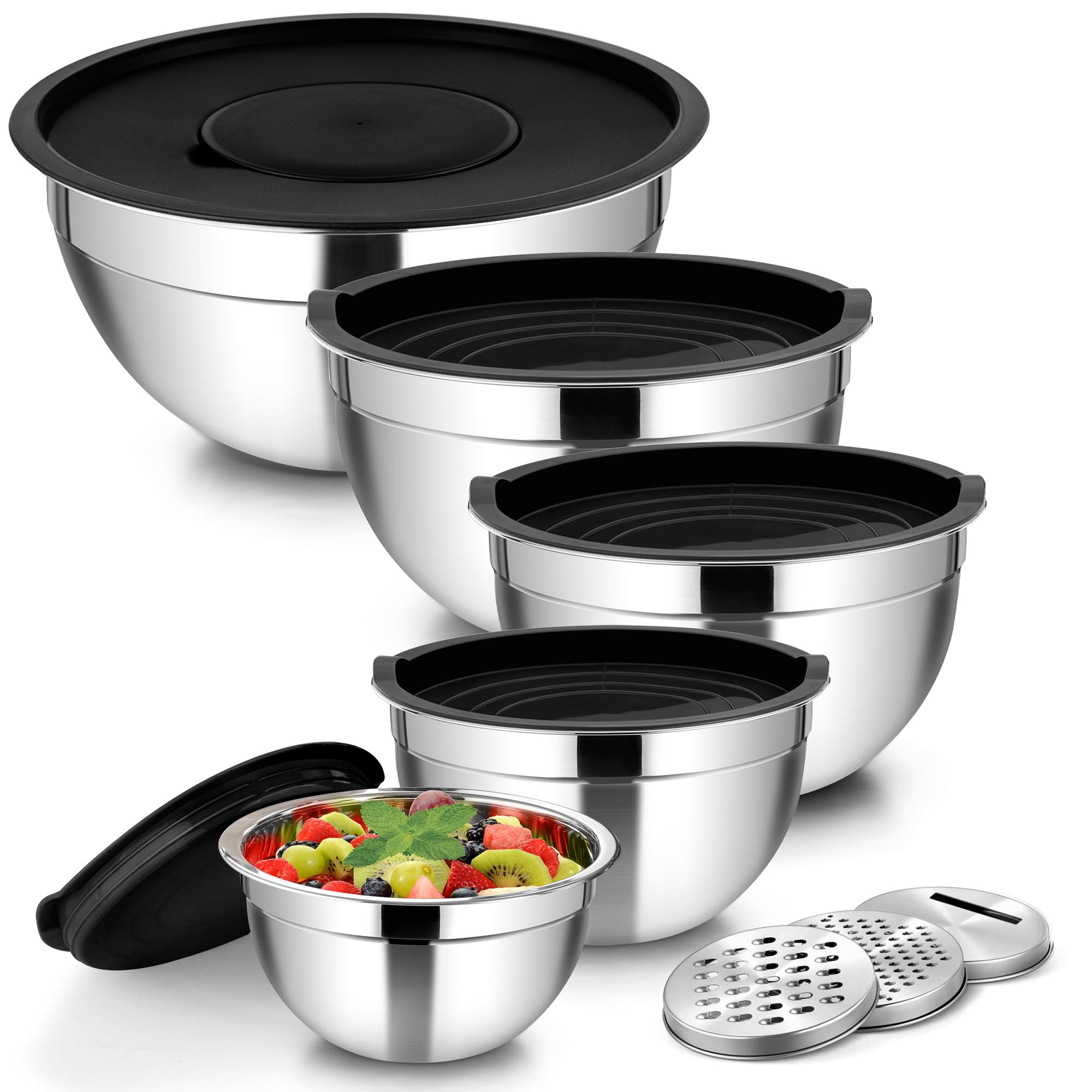 Homikit Lot de 5 Saladier avec Couvercles, Grand Bol Mélangeur en Acier Inoxydable avec Râpe, Empilable Saladiers INOX de 0.7L-4.6L, Bol Multifonction pour la Cuisson, Lavable au Lave-Vaisselle, Noir