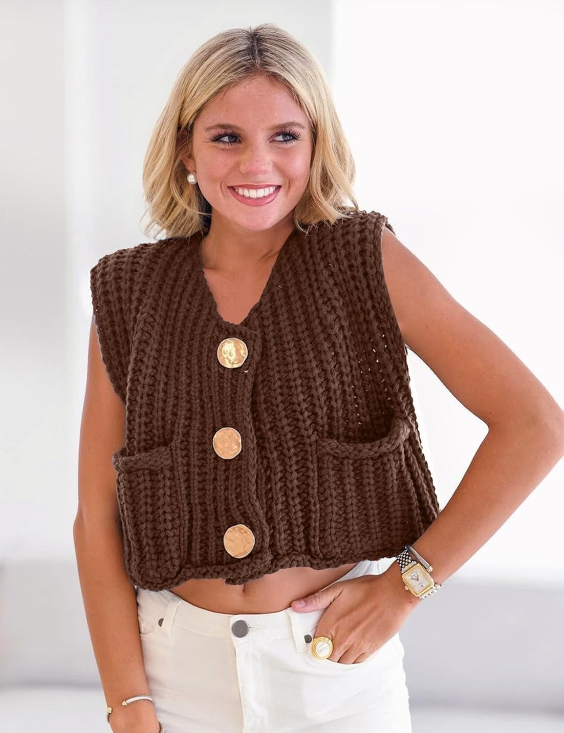 Flygo Womens Sleeveless Sweater Vest 2025 Fall Sweaters Loose Crop Knit Top Chunky Crochet Button Cardigan Sweaters - Image 3