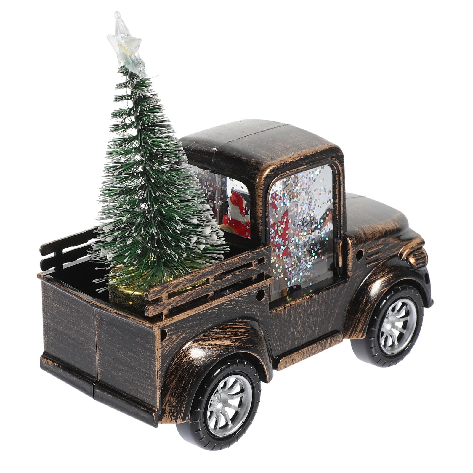 Figurita Santa Claus con Tractor Bronce y Luz LED Pilas Adorno Navideño Decorativo para Hogar Oficina y Escaparates Estatua Navideña Iluminada con Árbol de Navidad